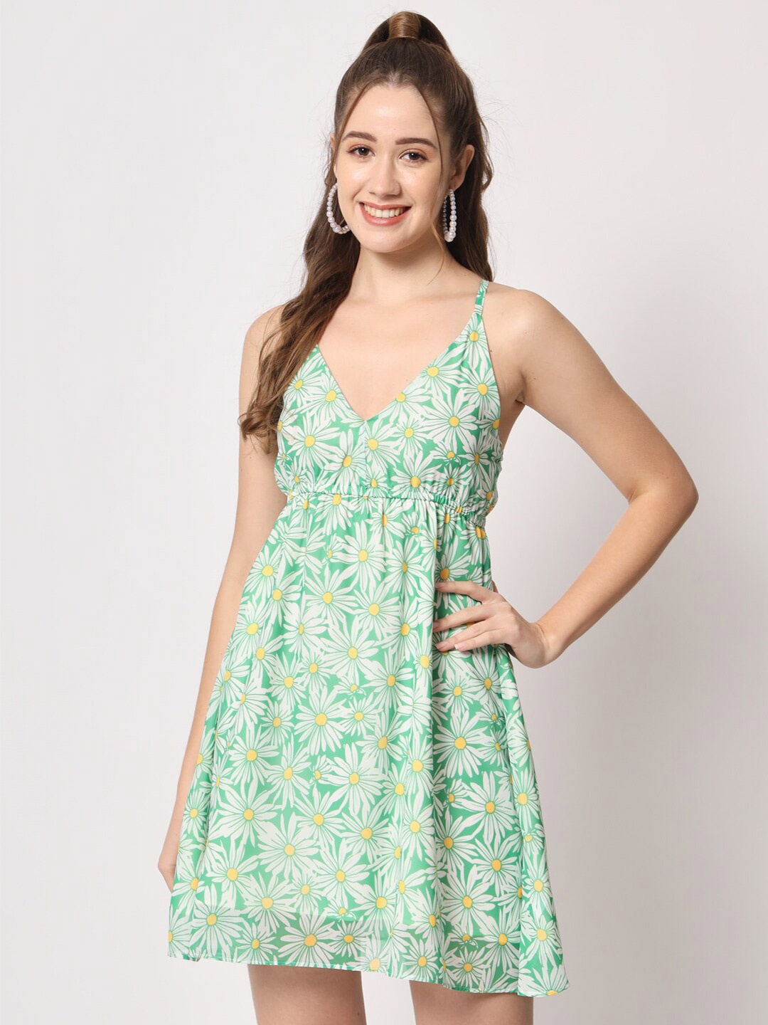 CHARMGAL Shoulder Straps Floral Printed Georgette Dress, Green