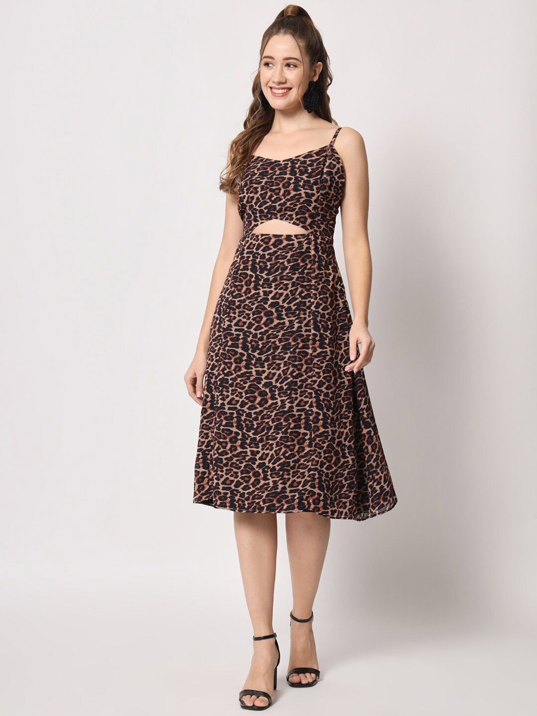 

CHARMGAL Animal Printed Georgette A-Line Dress, Brown