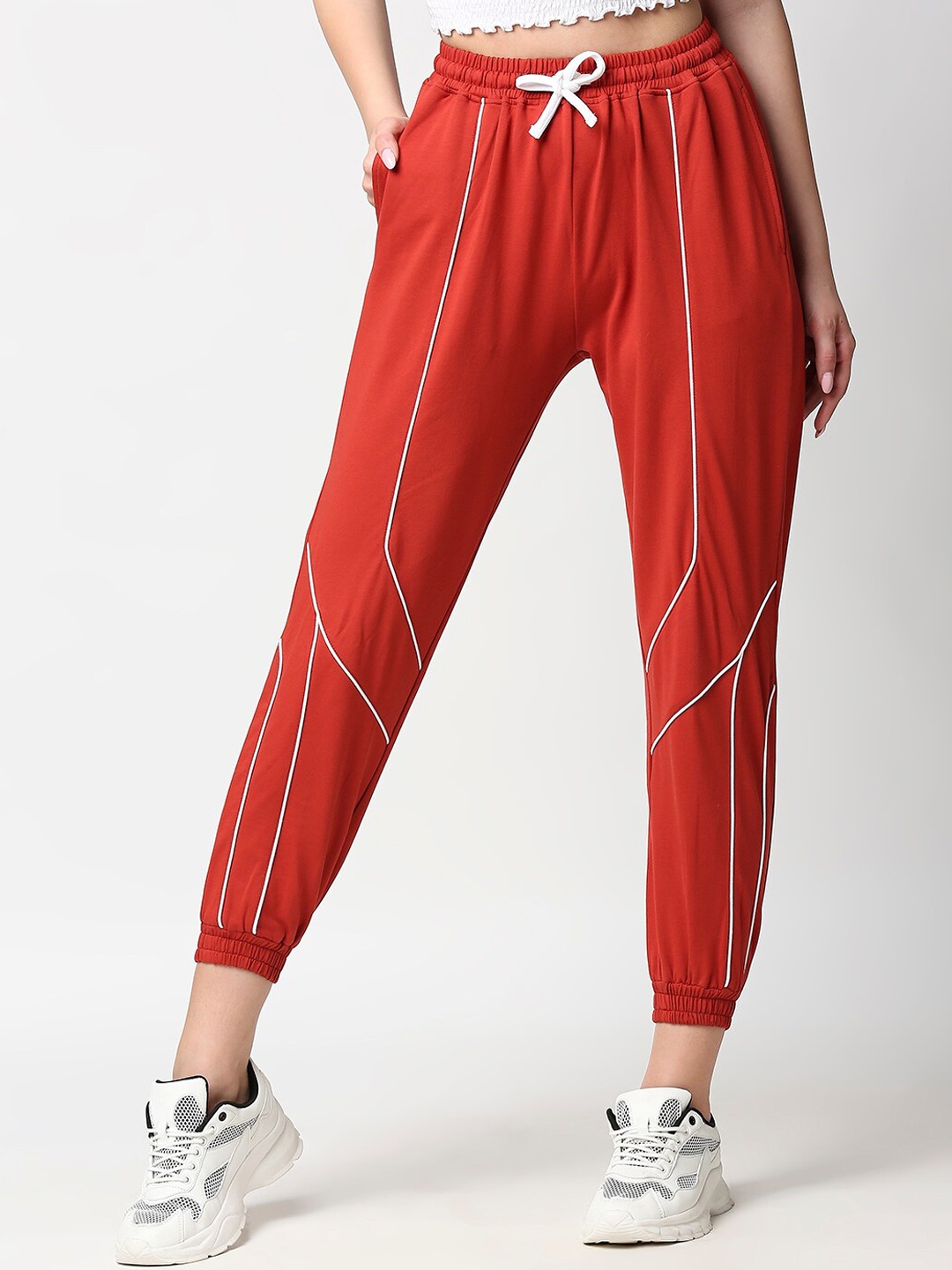 

ANWAIND Women Striped Details Relaxed Fit Joggers, Rust
