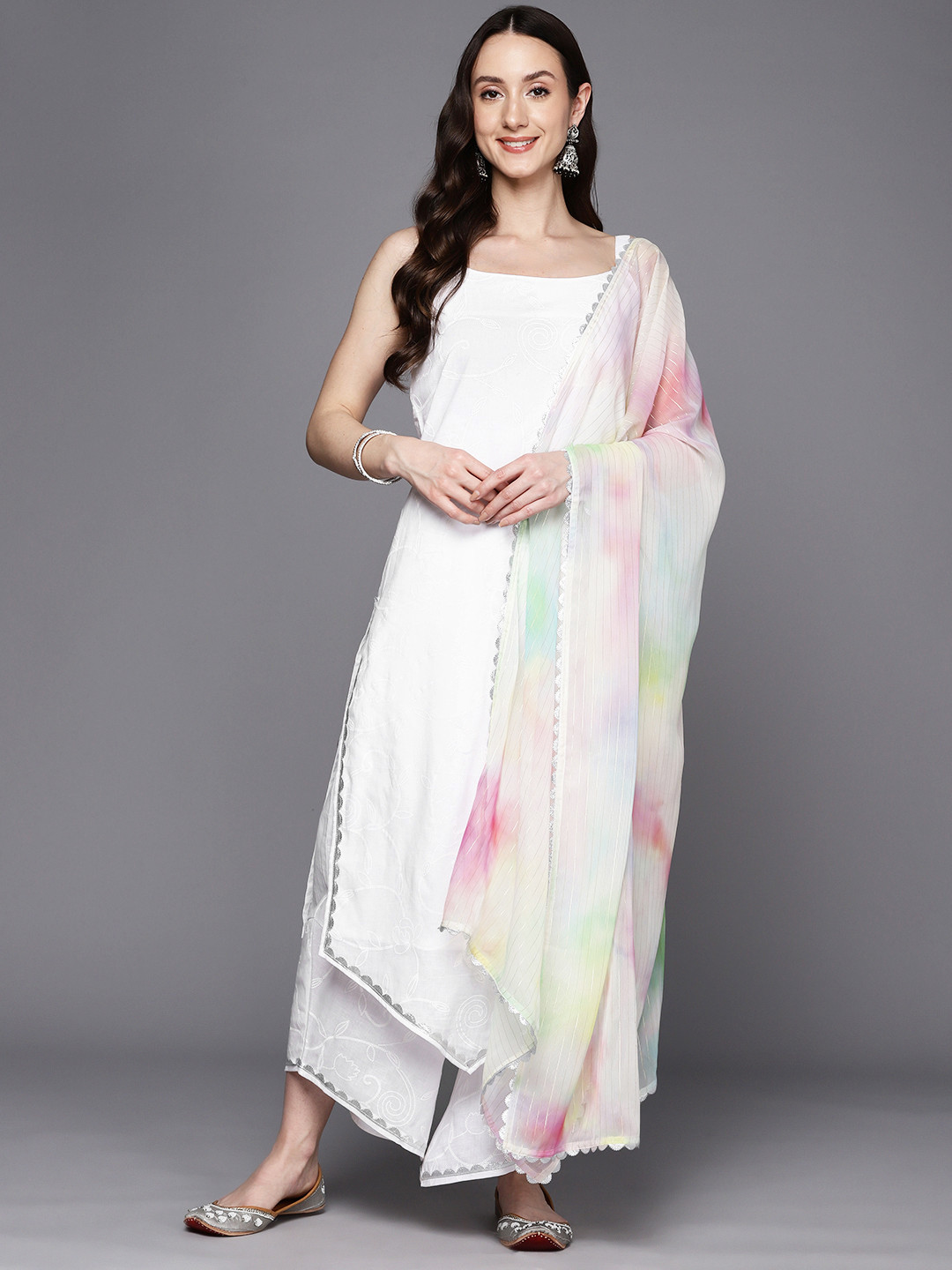 

Ahalyaa Floral Printed Gotta Patti Pure Cotton Kurta With Palazzo & Dupatta, White