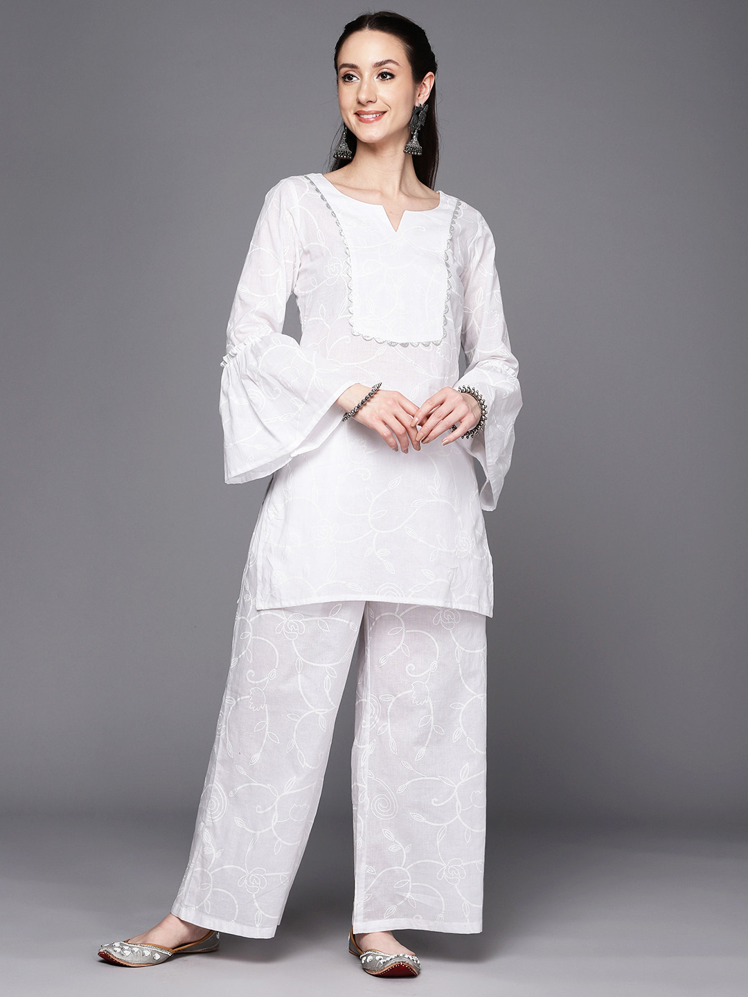 

Ahalyaa Women Self Design Pure Cotton Tunic With Palazzos, White