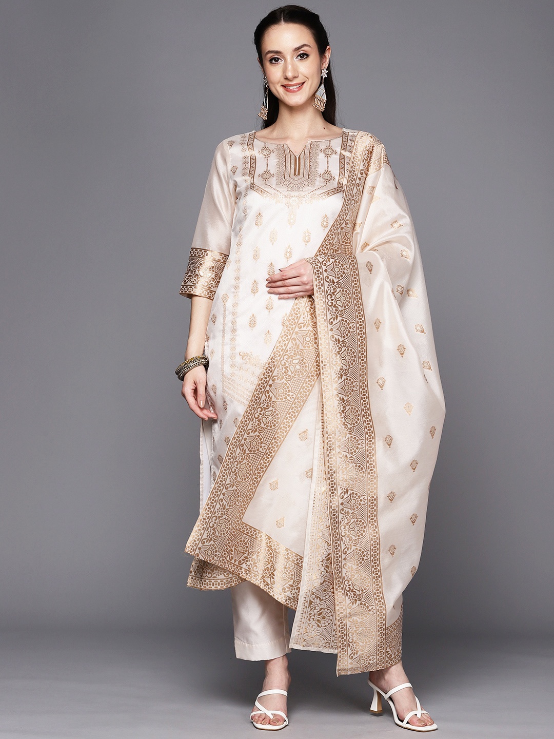 

Ahalyaa Woven Design Ethnic Motifs Unstitched Dress Material, Cream