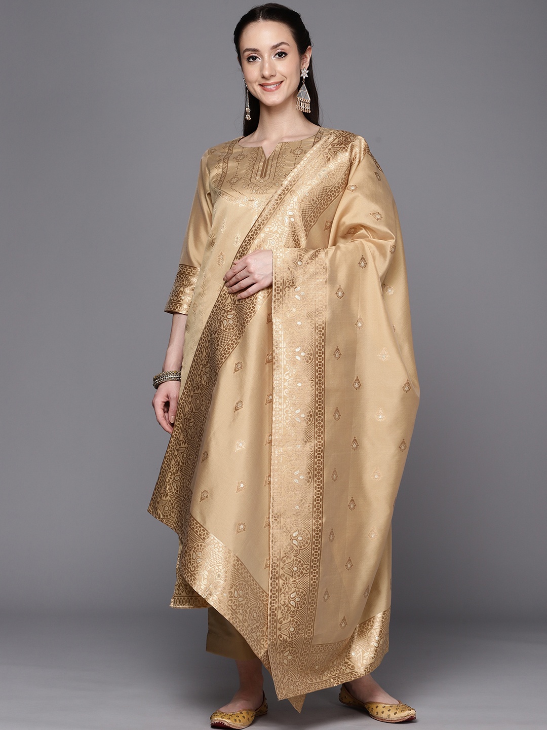 

Ahalyaa Woven Design Ethnic Motifs Unstitched Dress Material, Tan