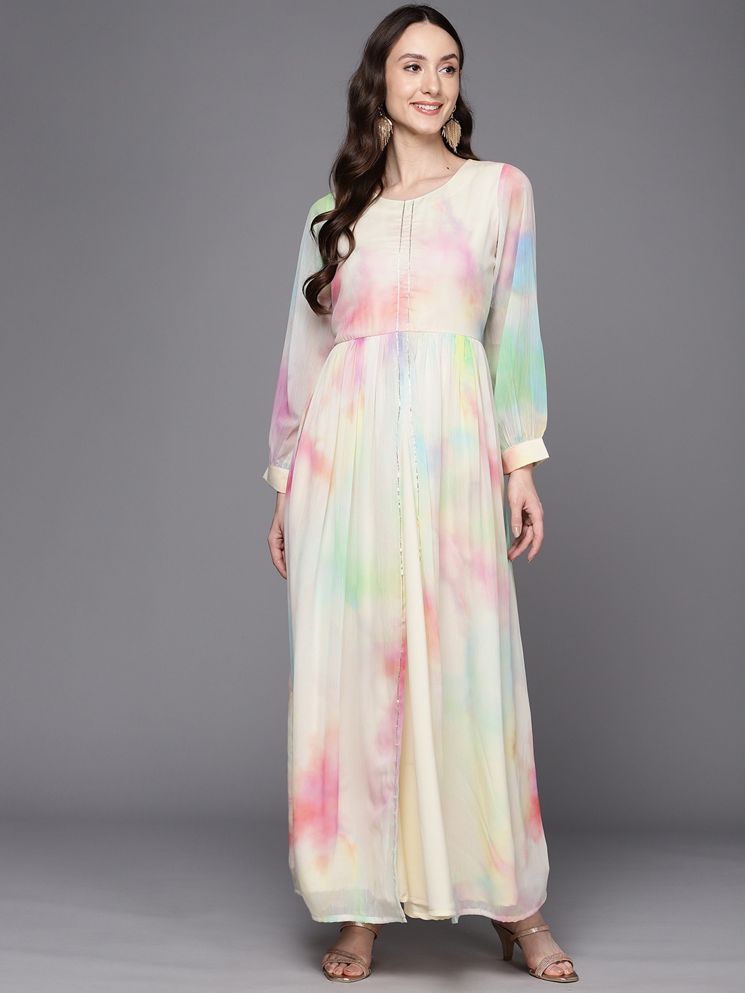 

Ahalyaa Abstract Printed Gotta Patti Puff Sleeves Chiffon Maxi Ethnic Dress, Off white