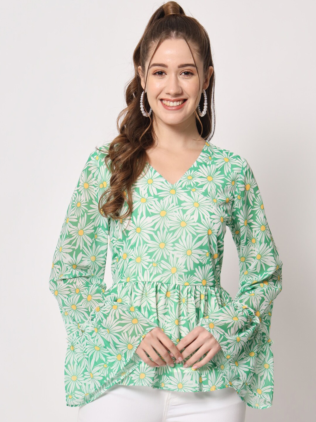 

CHARMGAL Floral Printed Bell Sleeves V-Neck Pleated Cinched Waist Top, Green