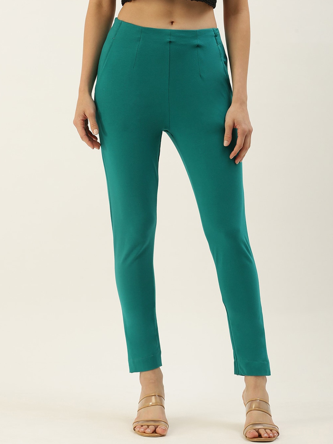 

De Moza Women Slim Fit Cotton Cigarette Trousers, Green