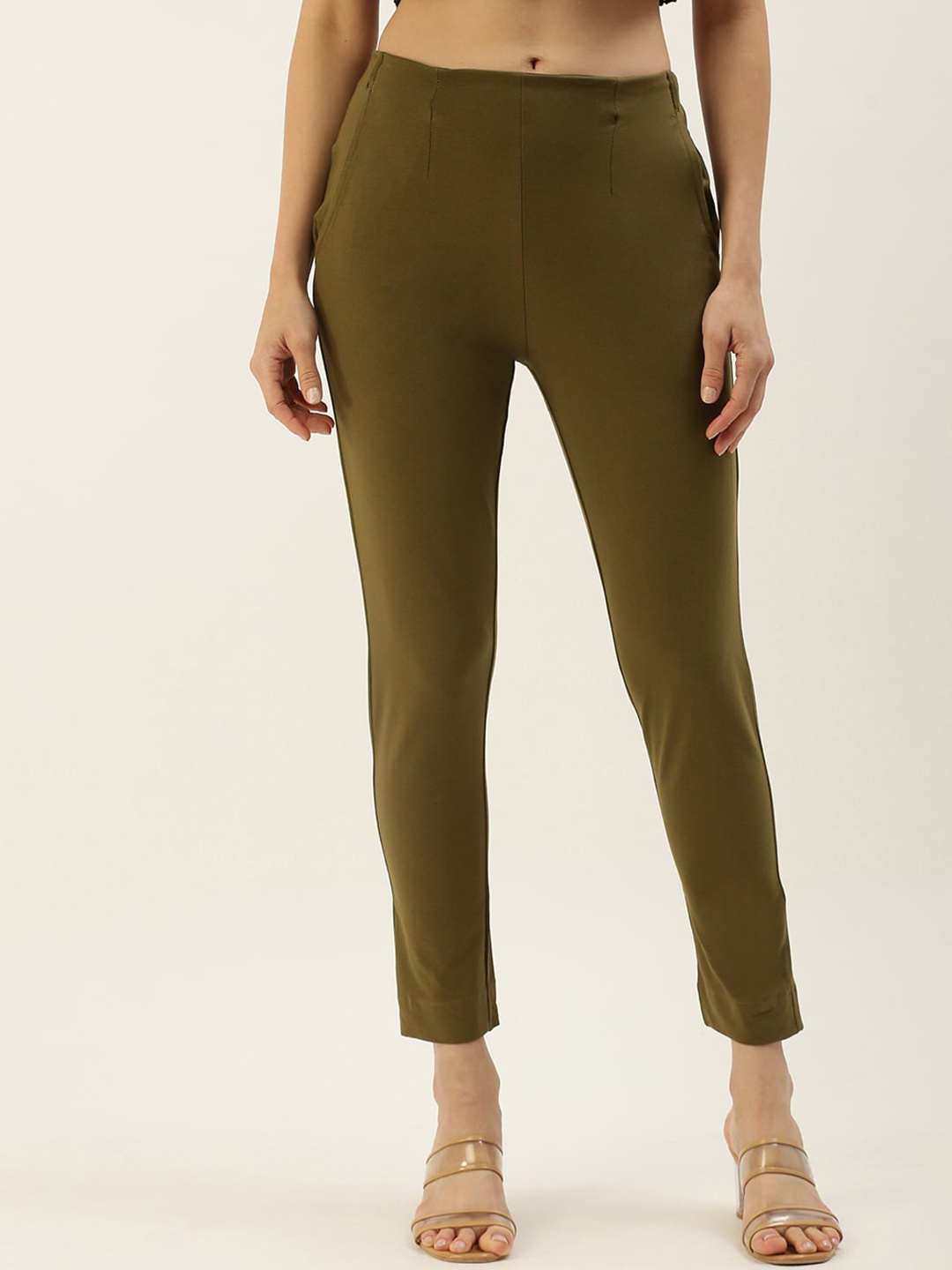 

De Moza Women Slim Fit Cotton Cigarette Trousers, Green