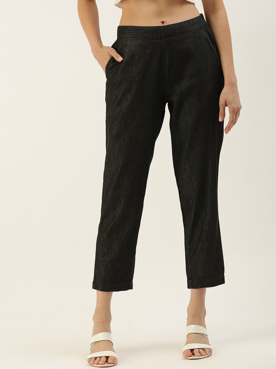 

De Moza Women Mid-Rise Cigarette Trousers, Black