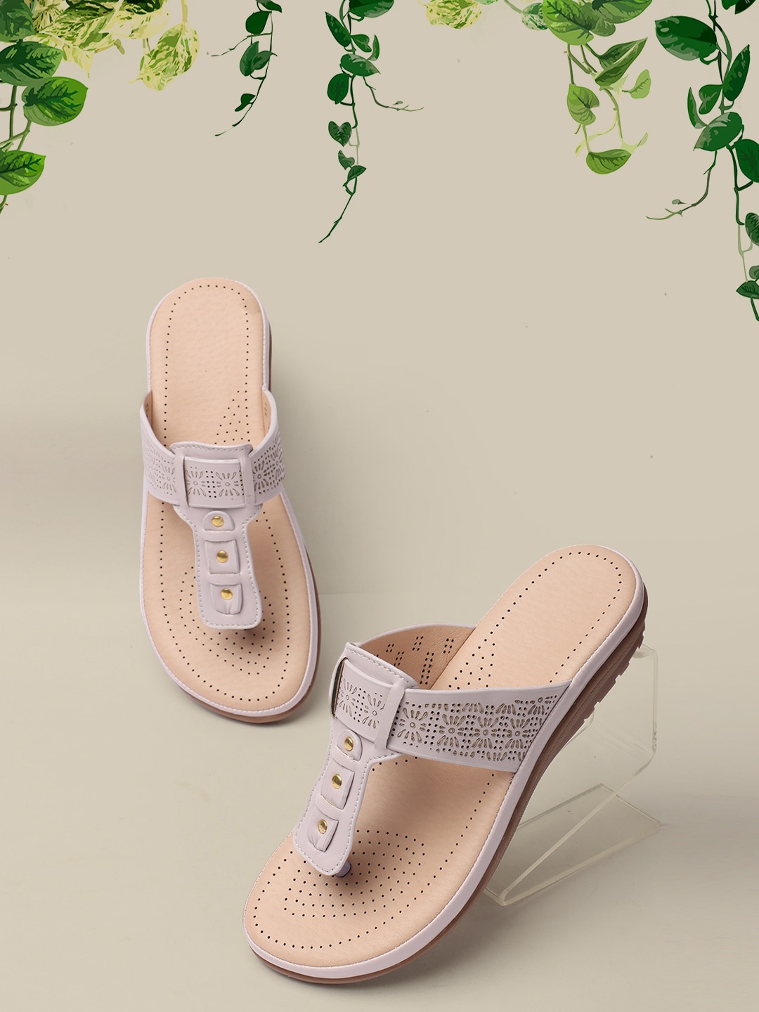 

Bella Toes Women Open Toe Flats With Laser Cuts, Cream