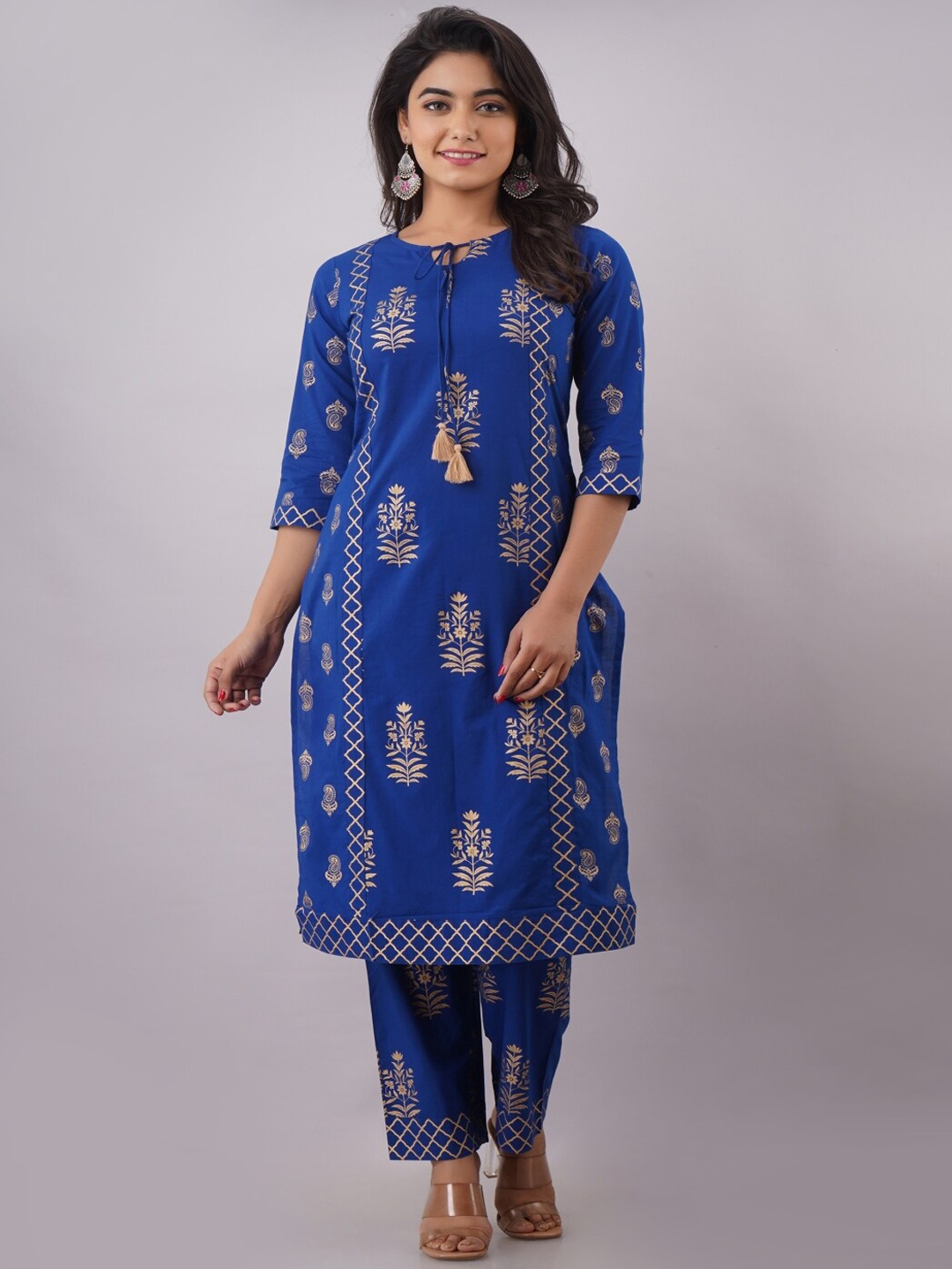 

KALINI Tie-Up Neck Floral Printed Kurta with Trousers, Blue