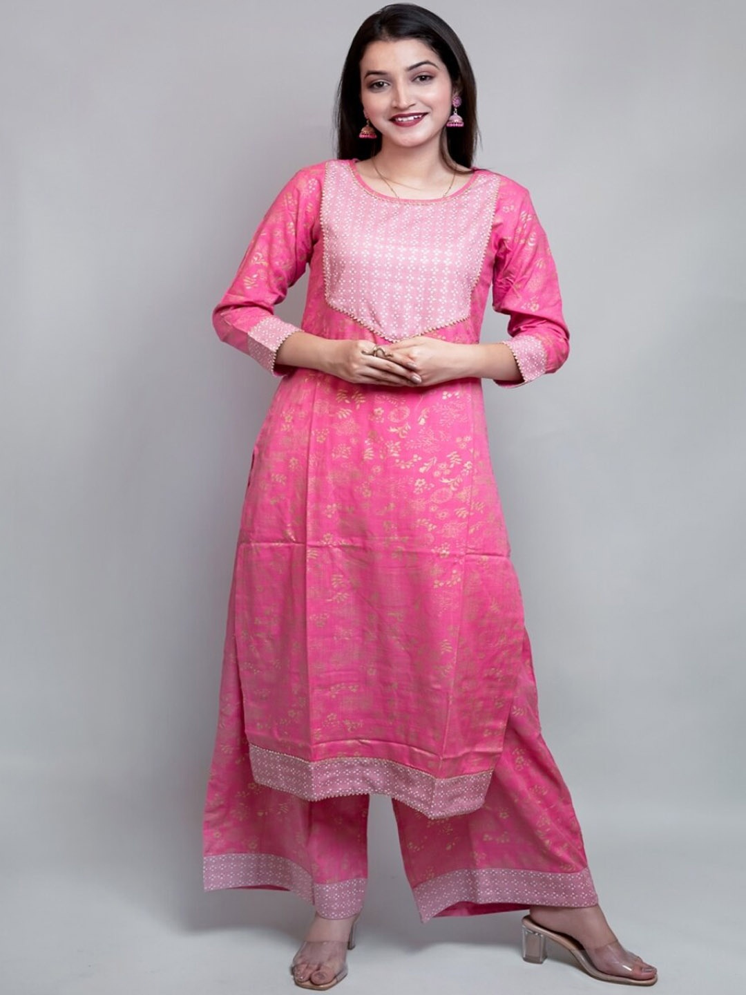 

KALINI Ethnic Motifs Foil Printed Straight Kurta with Palazzos, Pink