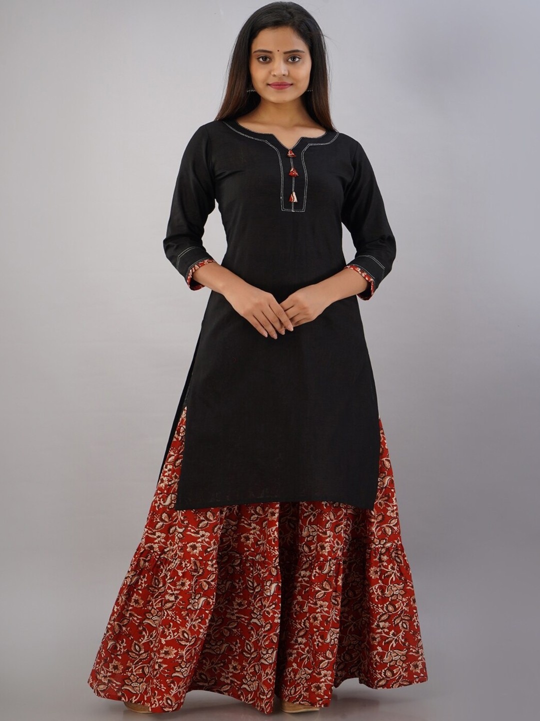

KALINI Women Black Floral Pure Cotton Kurta with Skirt