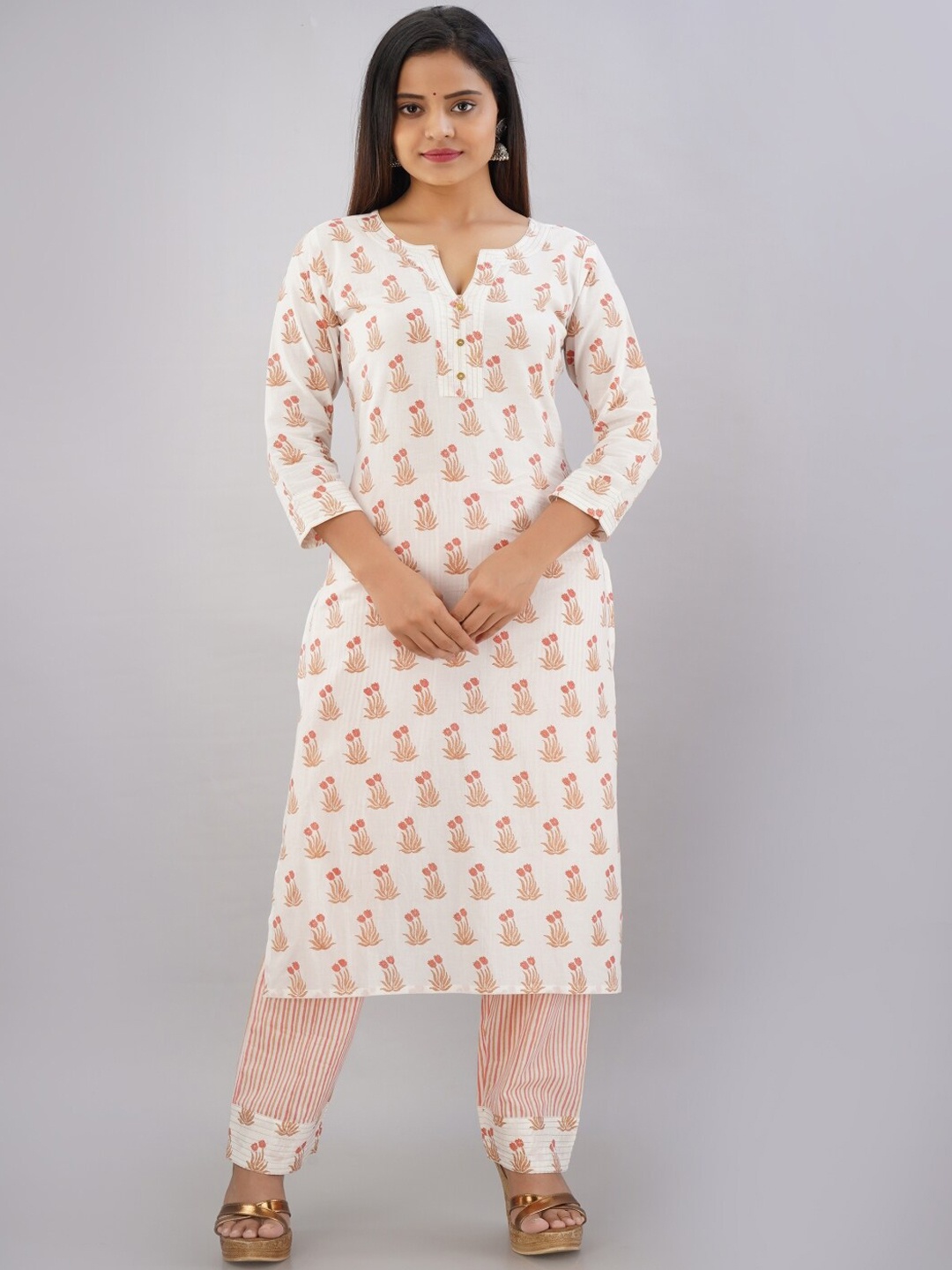 

KALINI Notch Neck Floral Printed Pure Cotton Kurta with Trousers, Off white