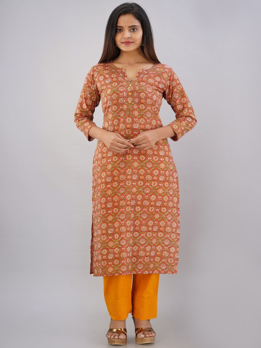 

KALINI Women Orange Floral Printed Pure Cotton Kurta with Trousers