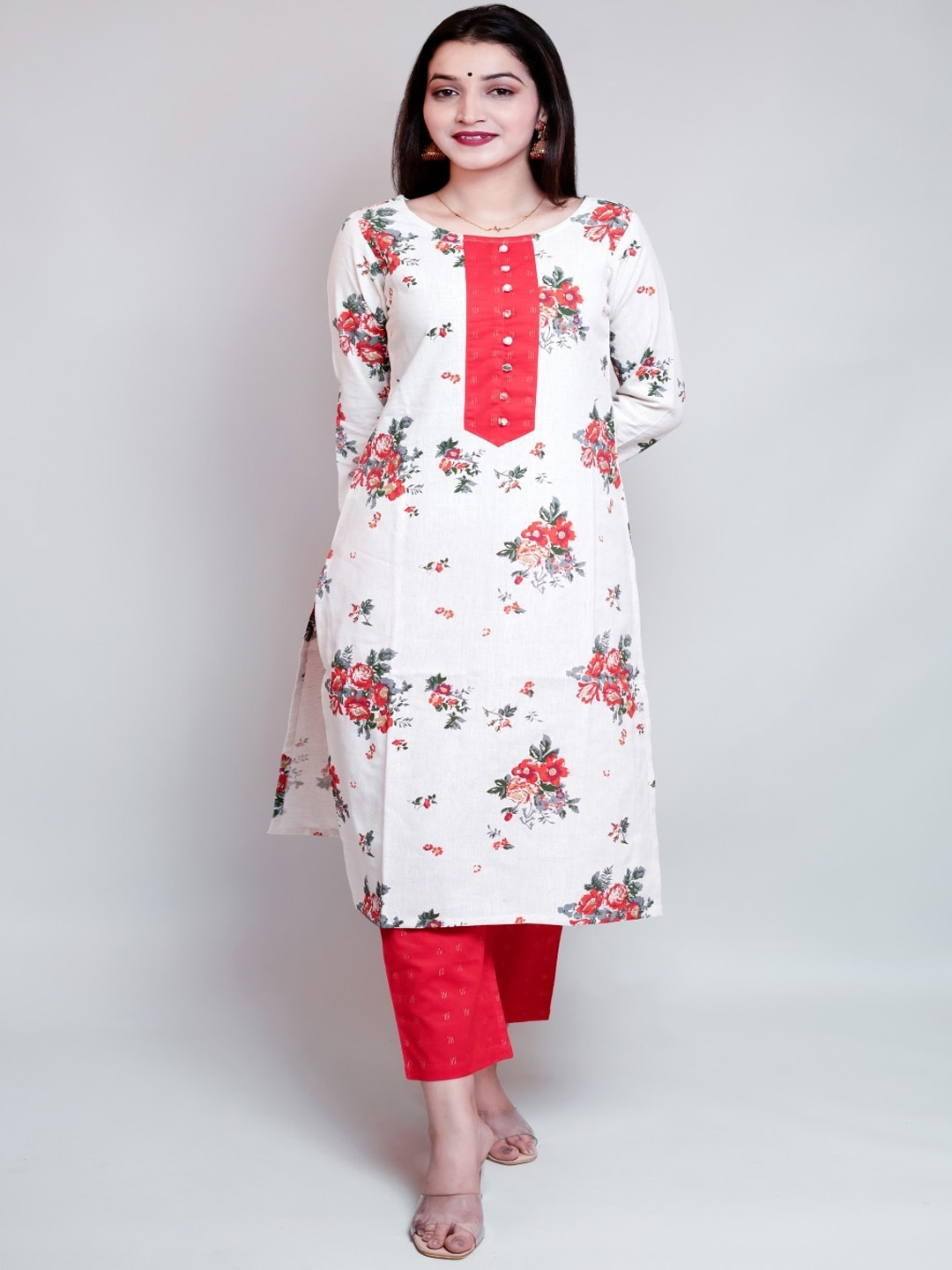 

KALINI Women White Floral Printed Kurta with Trousers