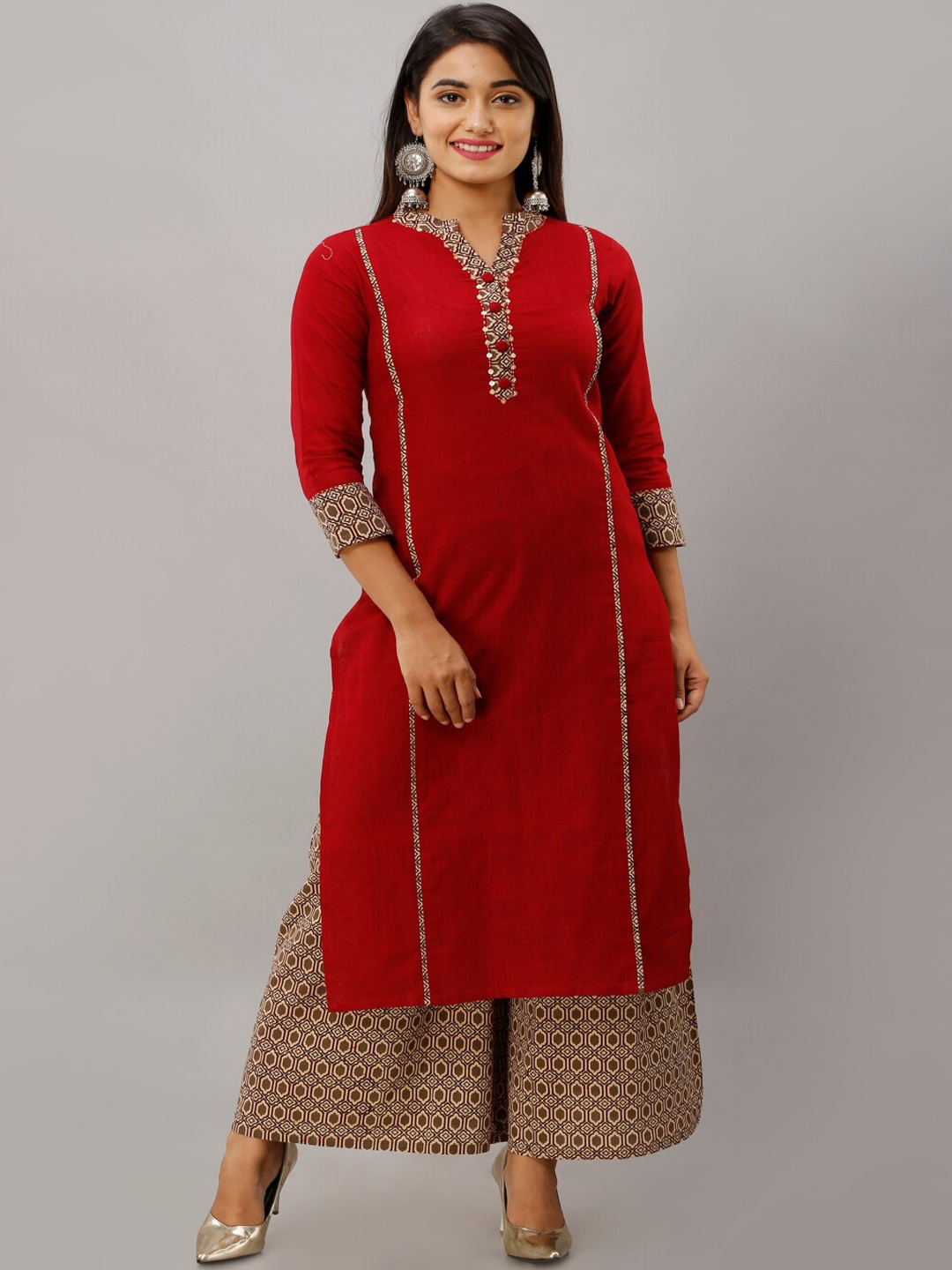 

KALINI Ethnic Motifs Printed Pure Cotton Kurta with Palazzos, Maroon