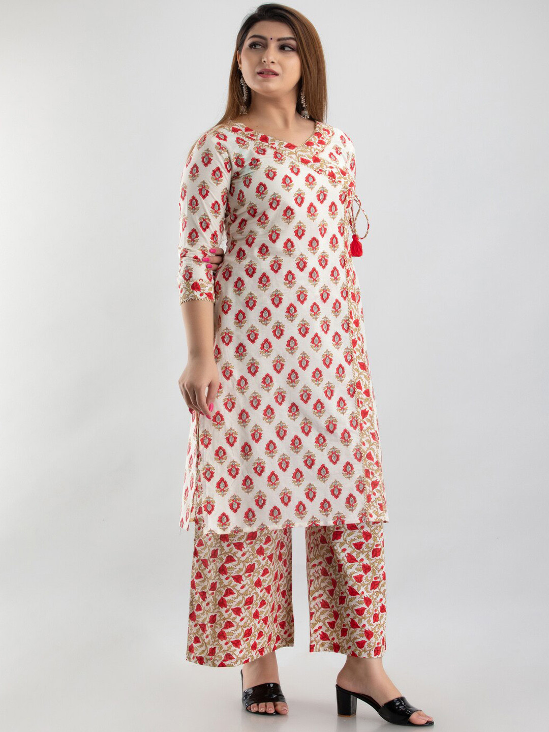 

KALINI Floral Printed Angrakha Straight Pure Cotton Kurta with Palazzos, White