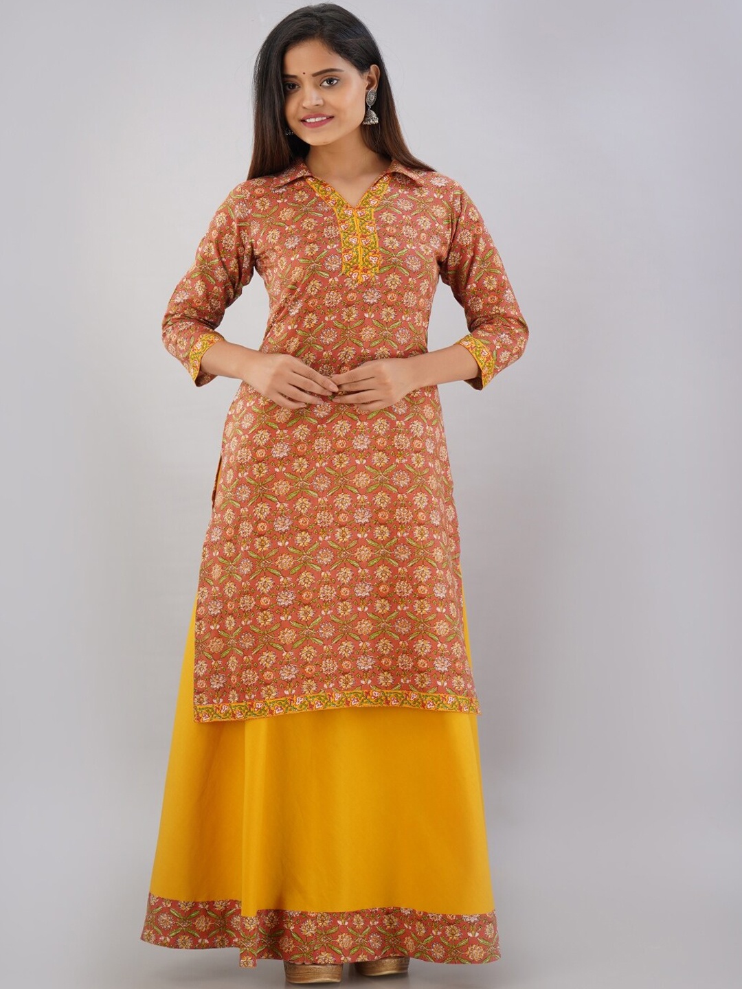

KALINI Floral Printed Pure Cotton Kurta with Skirt, Peach