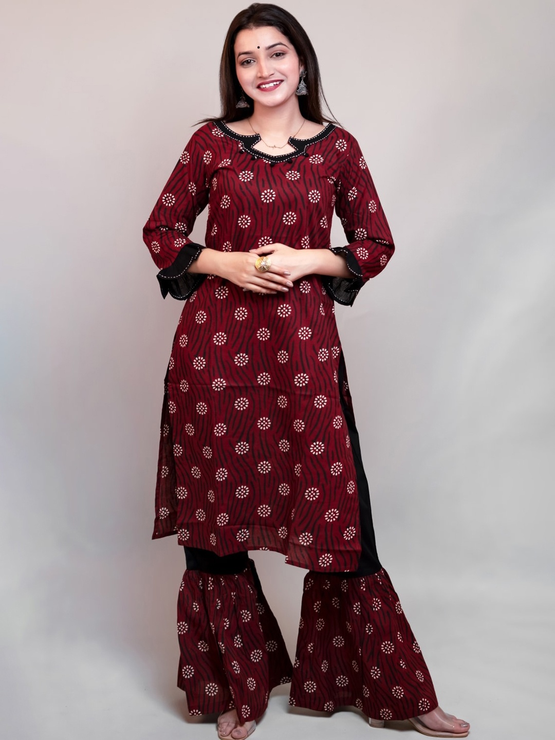 

KALINI Ethnic Motifs Printed Pure Cotton Kurta with Sharara, Maroon