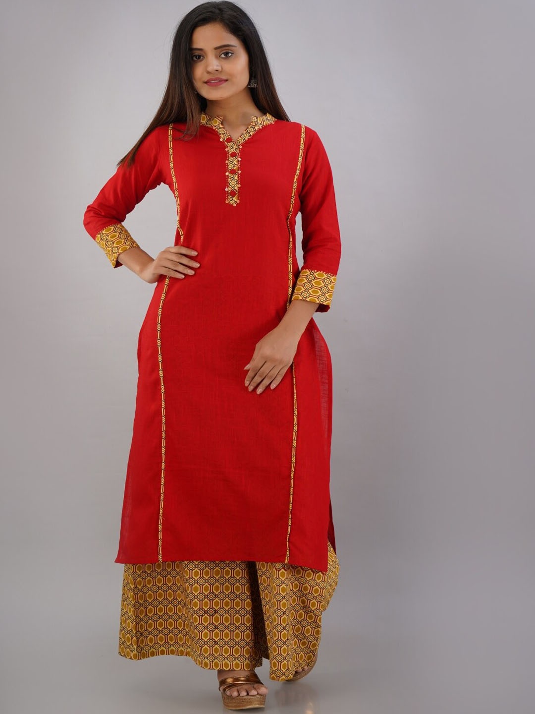 

KALINI Mandarin Collar Pure Cotton Kurta with Palazzos, Red