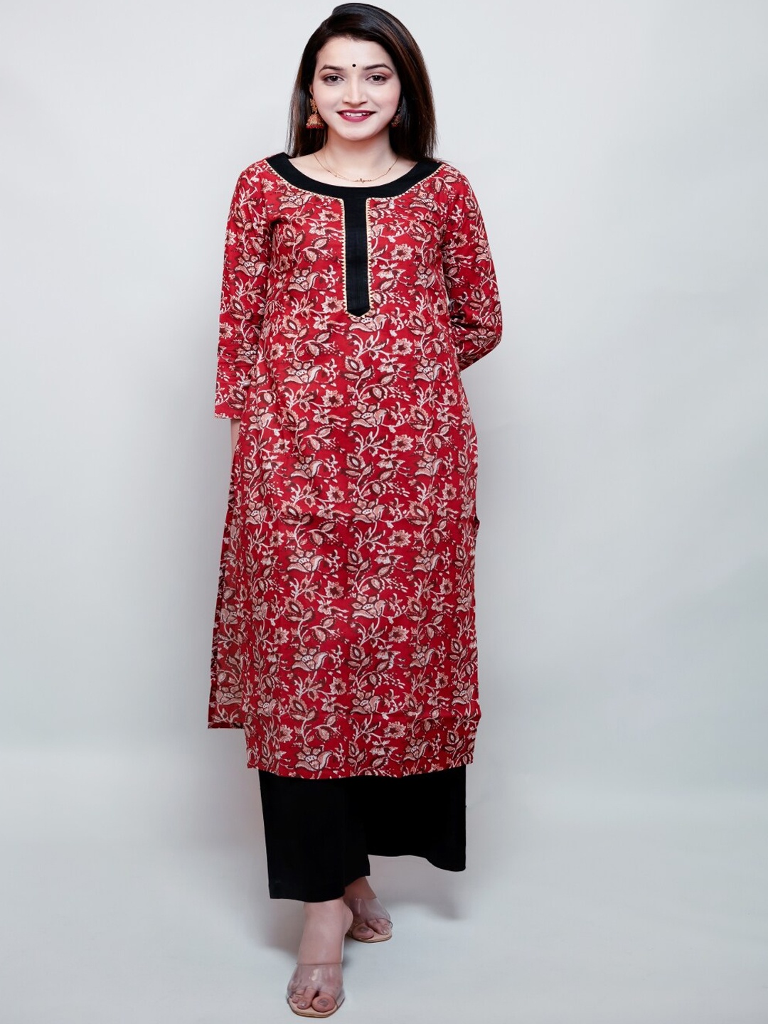 

KALINI Floral Printed Pure Cotton Kurta with Palazzos, Red