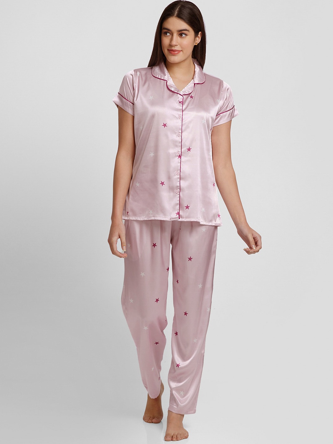 

FashionRack Women Graphic Printed Lapel Collar Night suit, Pink
