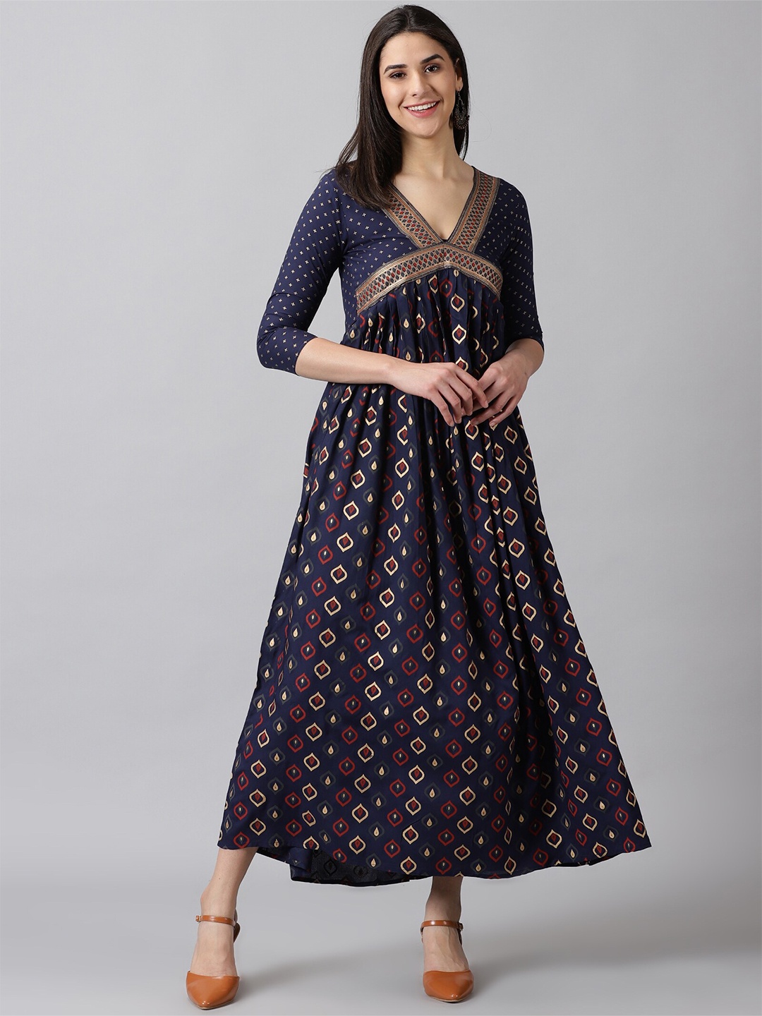 

PURSHOTTAM WALA Ethnic Motifs Printed V-Neck Maxi Dress, Blue