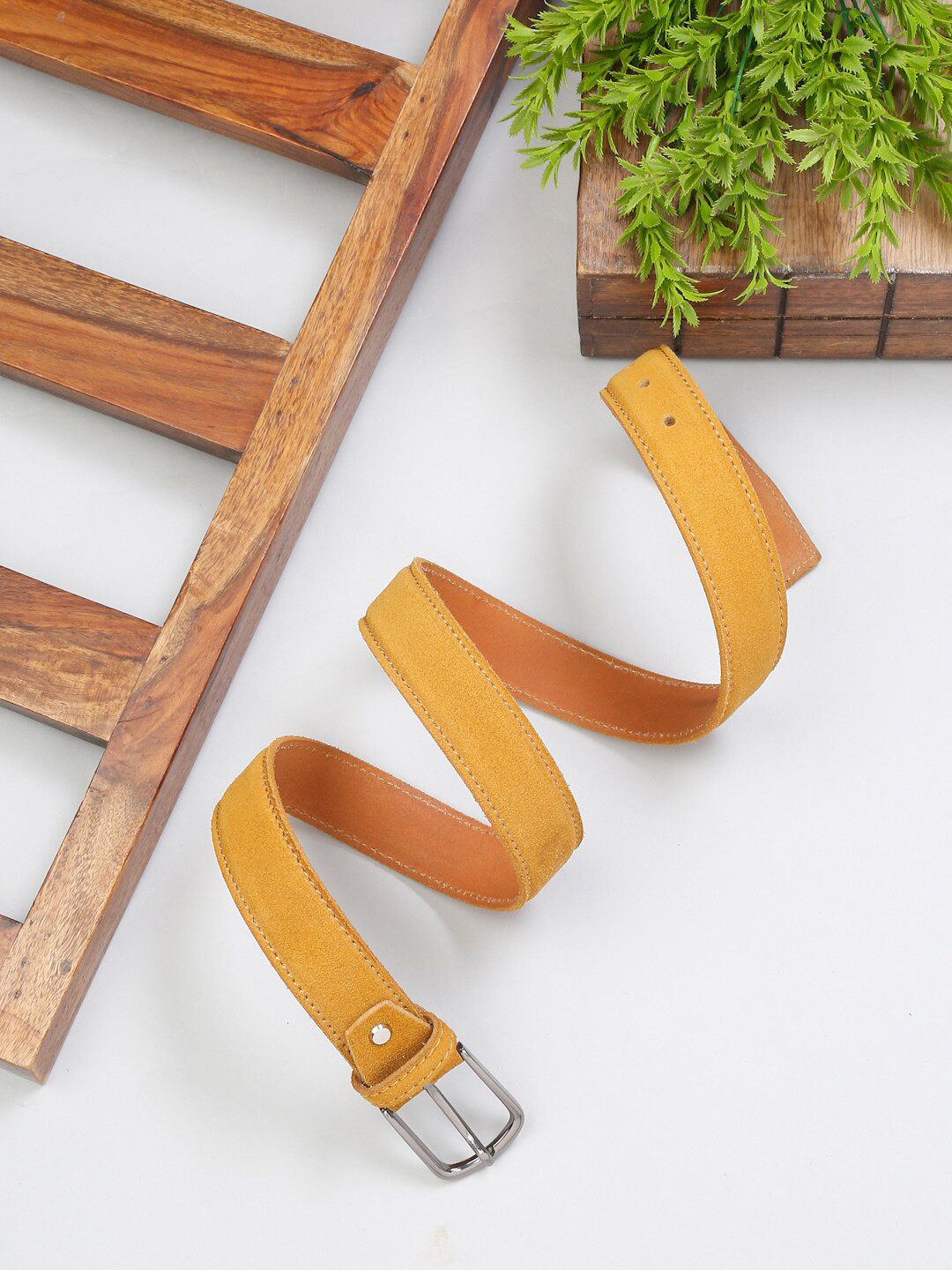 

LOUIS STITCH Men Suede Leather Tang Slim Belt, Mustard