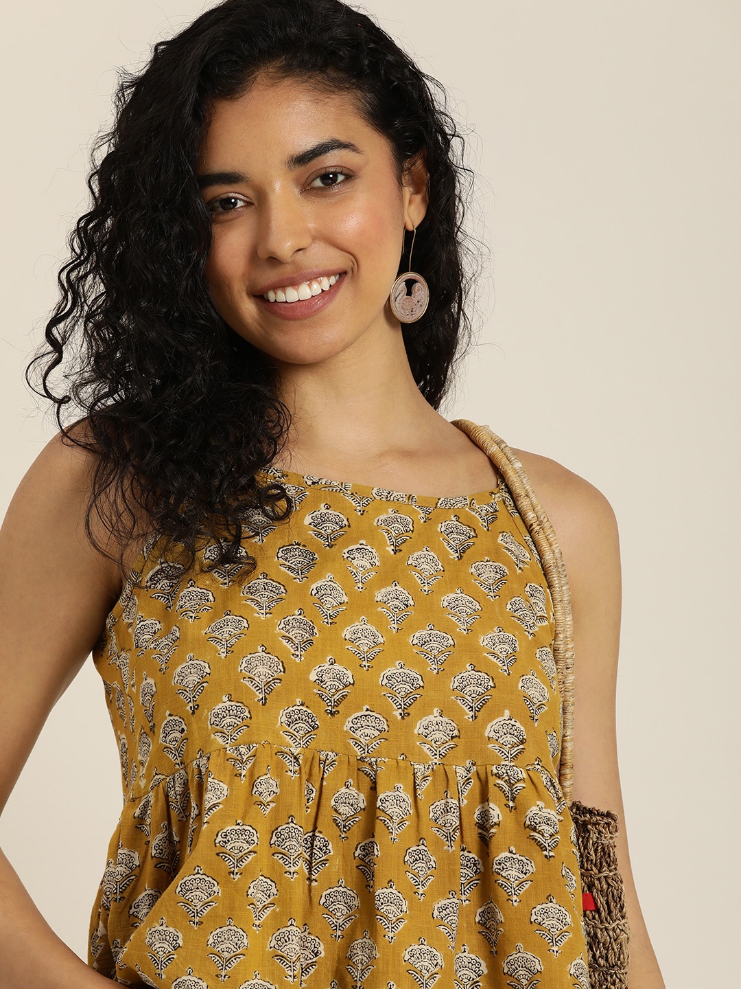 

Taavi Sangeneri Floral Printed Pure Cotton Top, Mustard