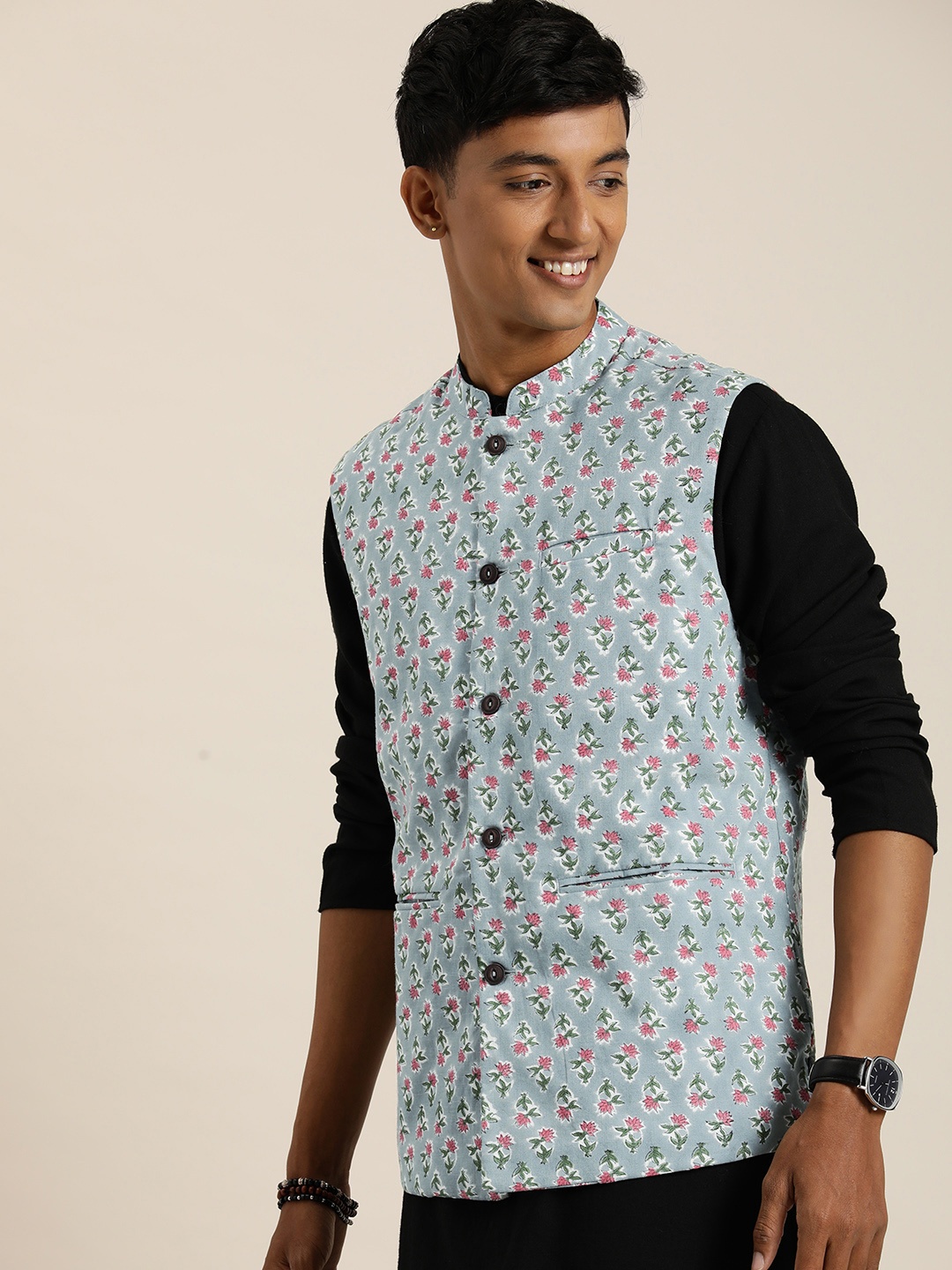 

Taavi Sanganeri Floral Printed Nehru Jacket, Green