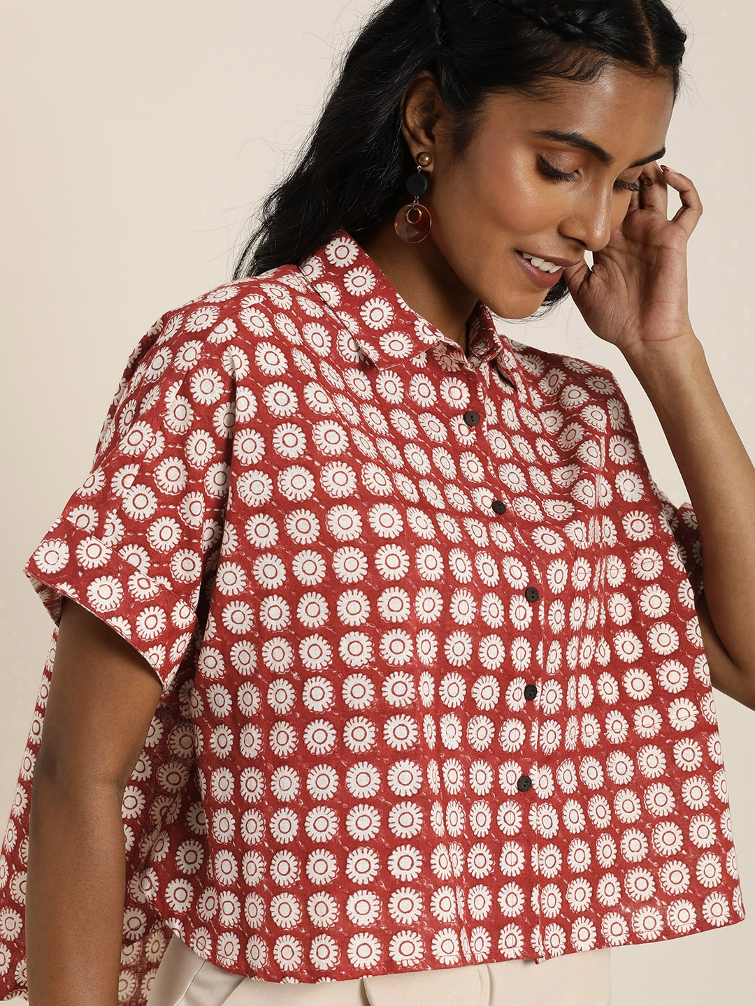 

Taavi Floral Print Extended Sleeves Pure Cotton Bagru Shirt Style Top, Maroon