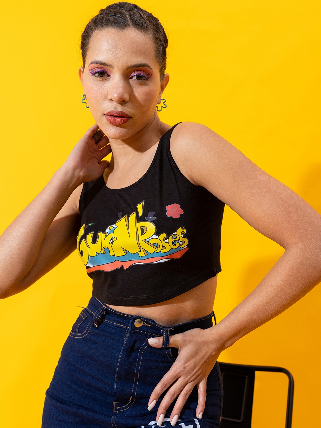 

Stylecast X Hersheinbox Black Printed Pure Cotton Sleeveless Crop Top