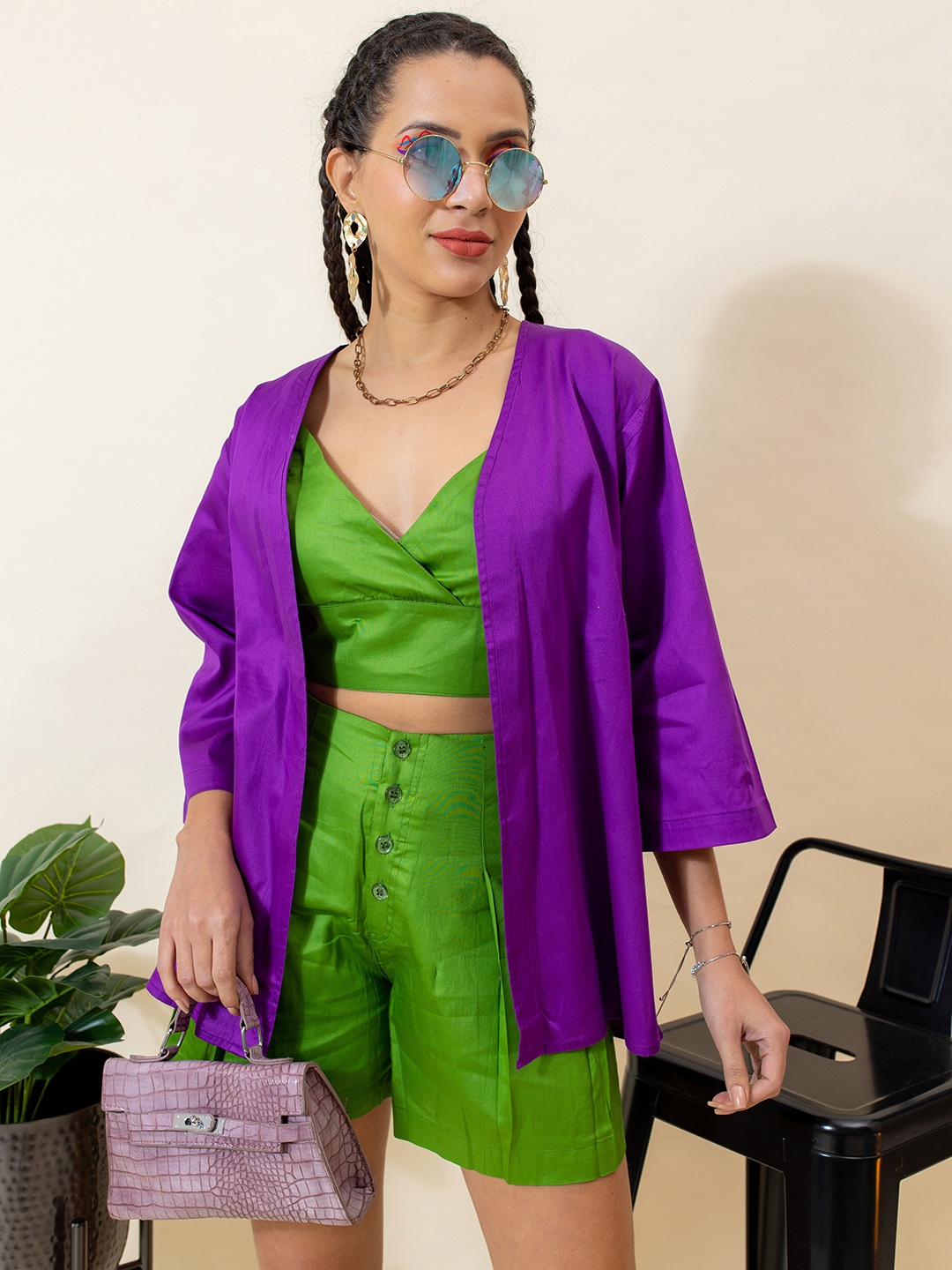 

Stylecast X Hersheinbox Green And Purple Solid Co-Ords Comes With A Shrug