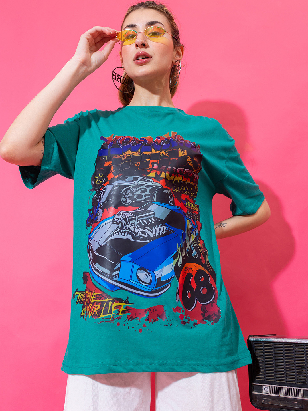 

Stylecast X Hersheinbox Women Pure Cotton Printed Drop-Shoulder Longline T-shirt, Green