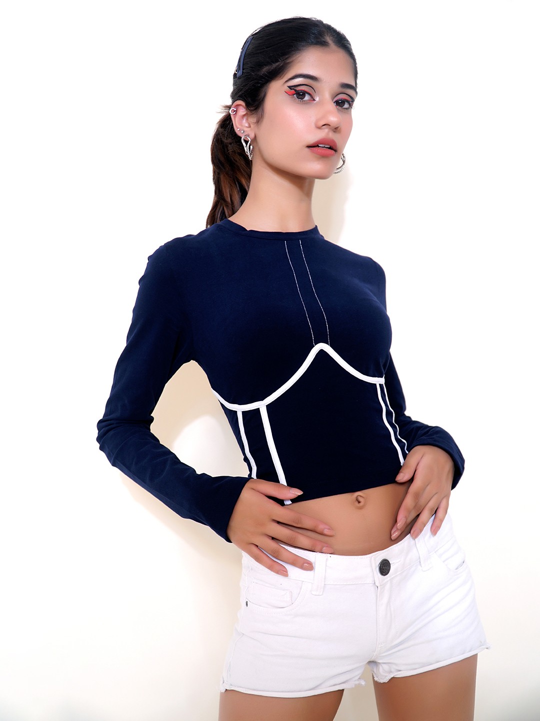 

Stylecast X Hersheinbox Pure Cotton Fitted Crop Top With Tape detail, Navy blue