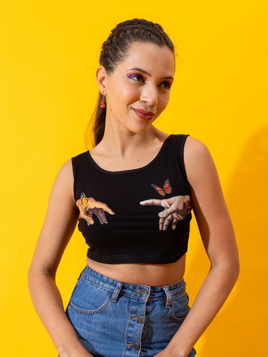 

Stylecast X Hersheinbox Round Neck Graphic Print Pure Cotton Crop Top, Black