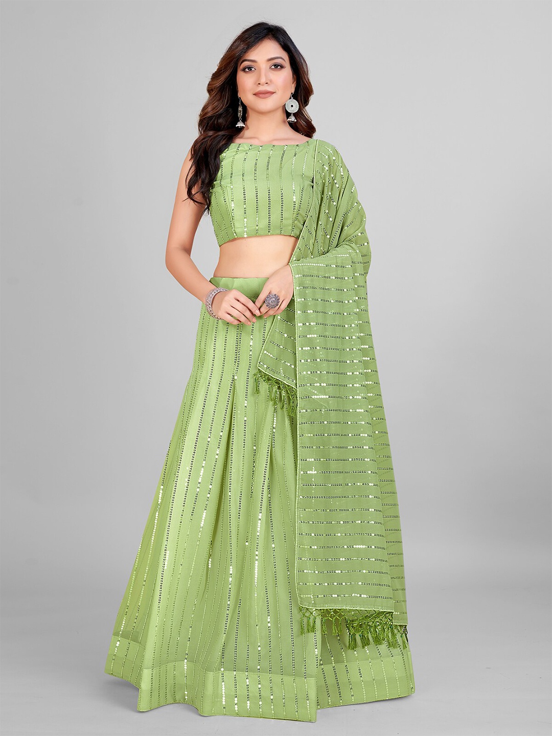 

Granthva Fab Embroidered Sequinned Semi-Stitched Lehenga & Unstitched Blouse With Dupatta, Fluorescent green