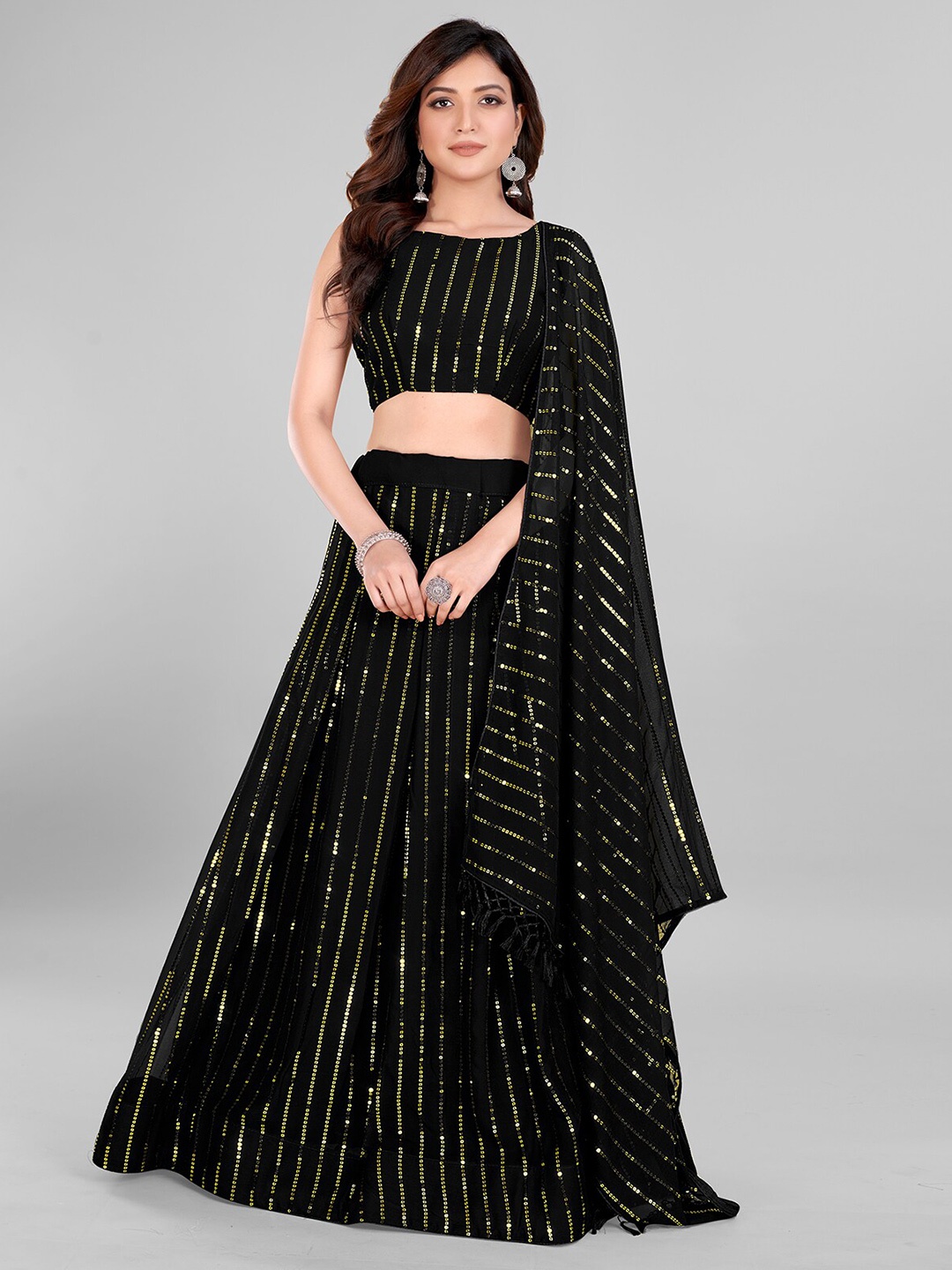 

Granthva Fab Embroidered Sequinned Semi-Stitched Lehenga & Unstitched Blouse With Dupatta, Black