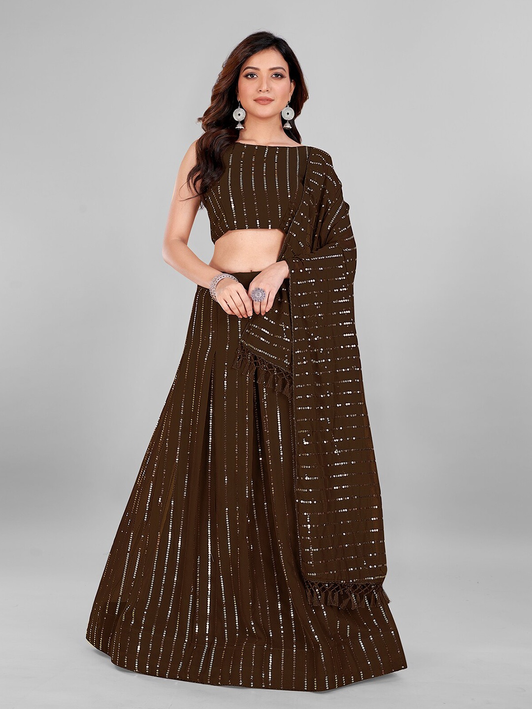 

Granthva Fab Embellished Sequinned Semi-Stitched Lehenga & Unstitched Blouse With Dupatta, Brown