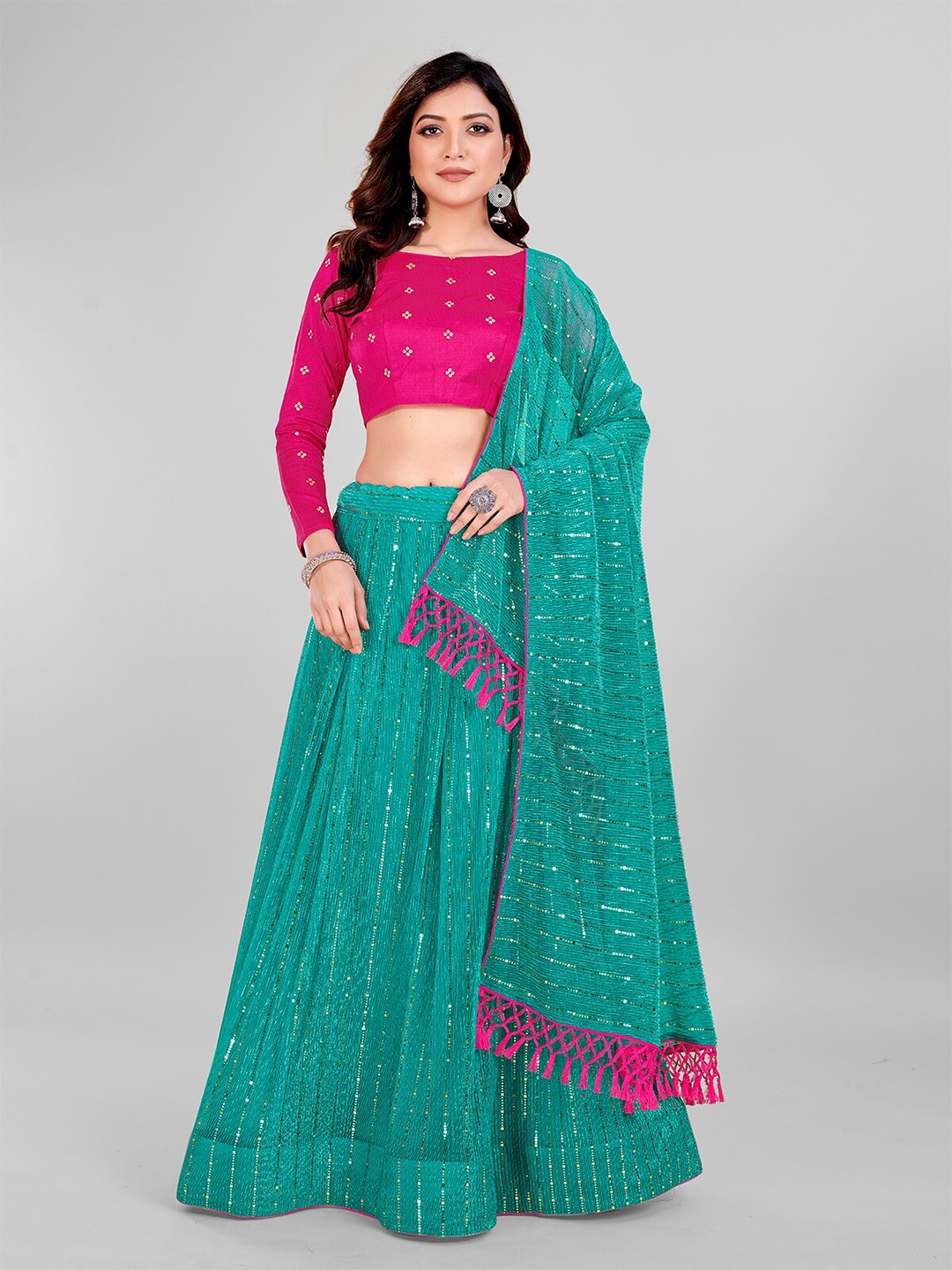 

Granthva Fab Embellished Sequinned Semi-Stitched Lehenga & Unstitched Blouse With, Turquoise blue