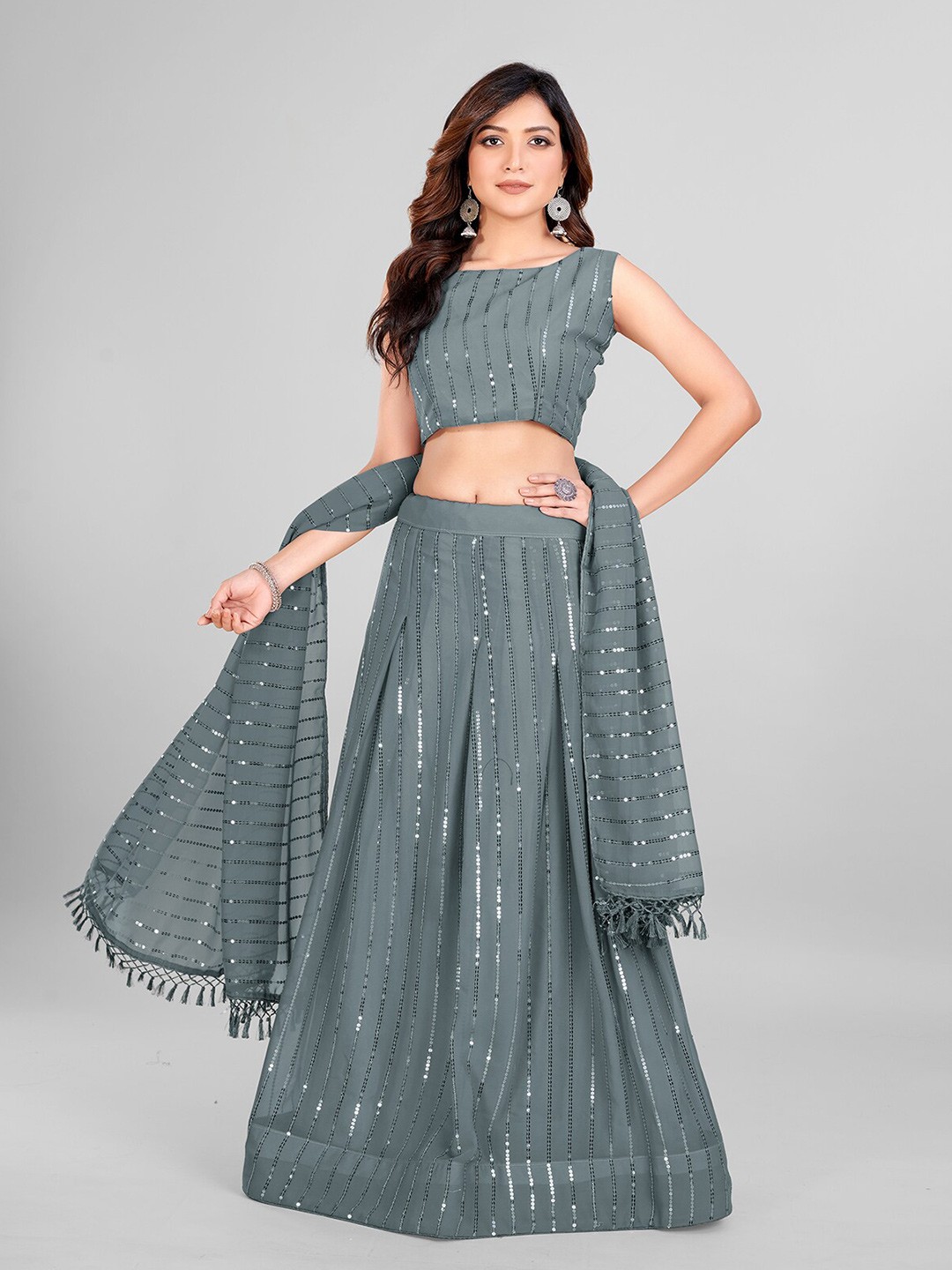 

Granthva Fab Embellished Sequinned Semi-Stitched Lehenga & Unstitched Blouse With, Grey