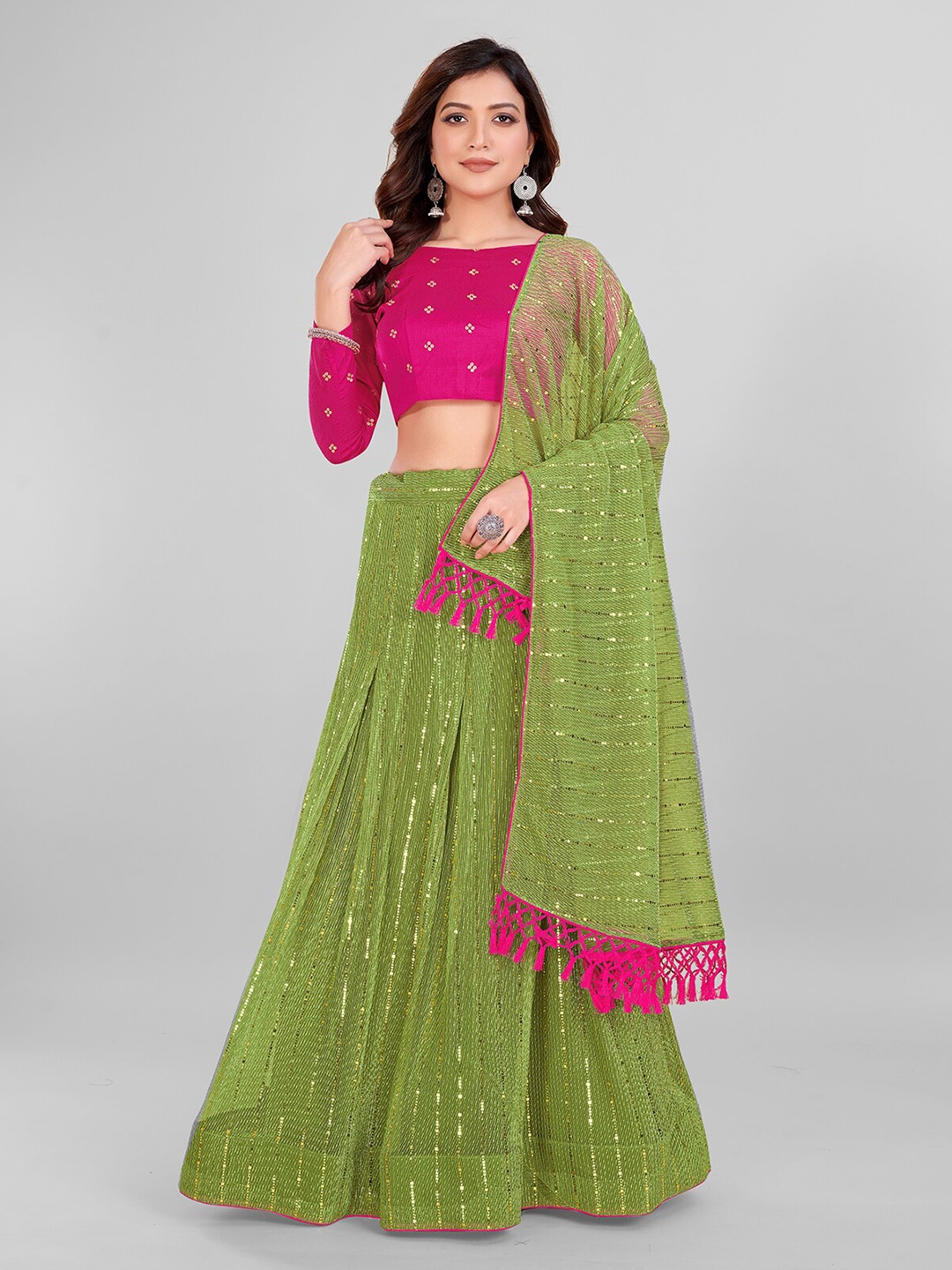 

Granthva Fab Embroidered Sequinned Semi-Stitched Lehenga & Unstitched Blouse With Dupatta, Fluorescent green