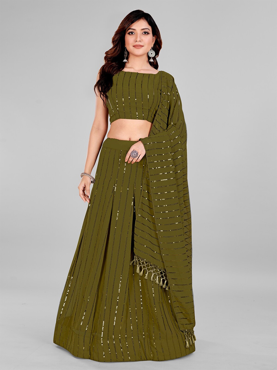 

Granthva Fab Embellished Sequinned Semi-Stitched Lehenga & Unstitched Blouse With Dupatta, Olive