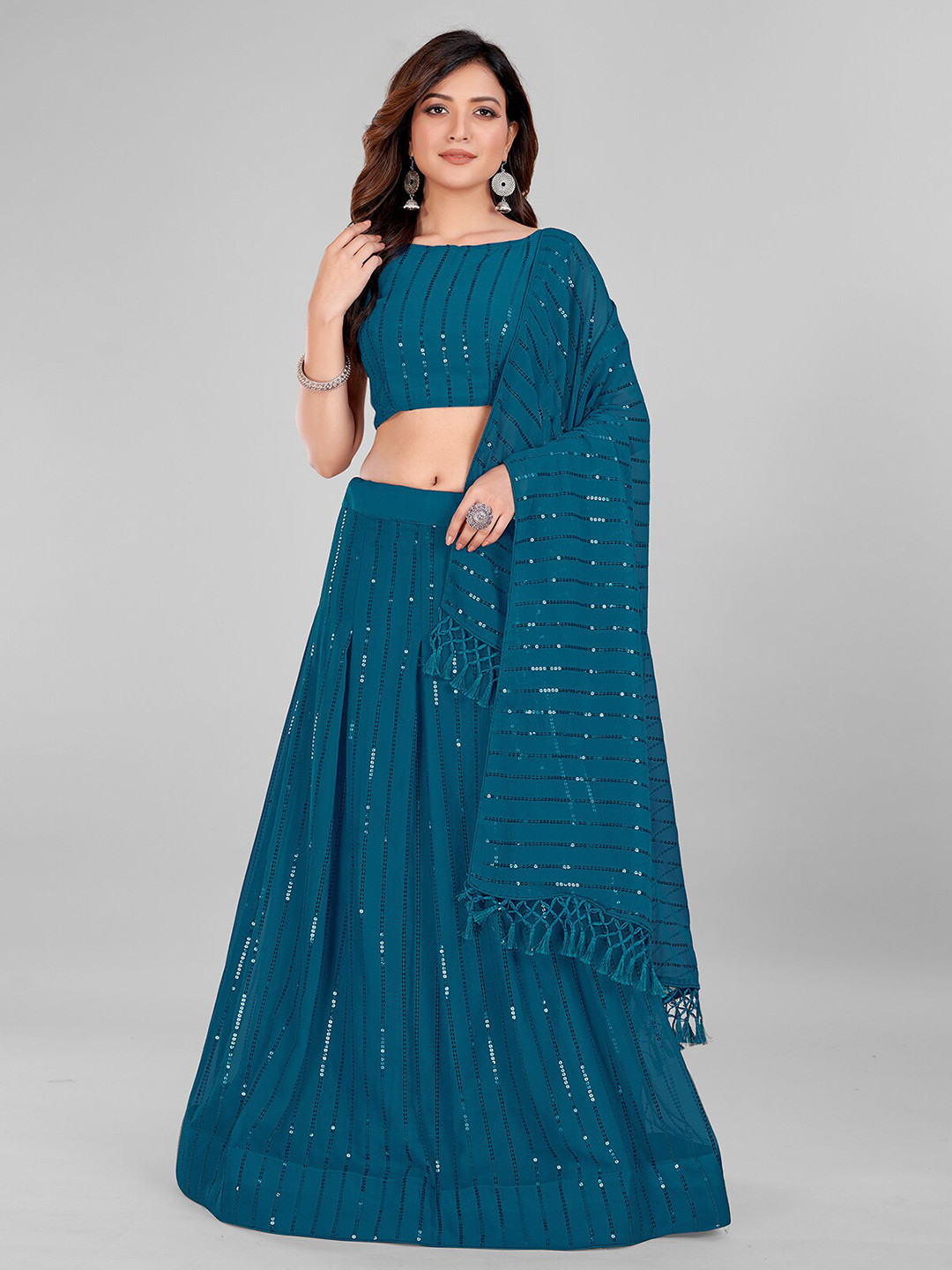 

Granthva Fab Embellished Sequinned Semi-Stitched Lehenga & Unstitched Blouse With Dupatta, Teal