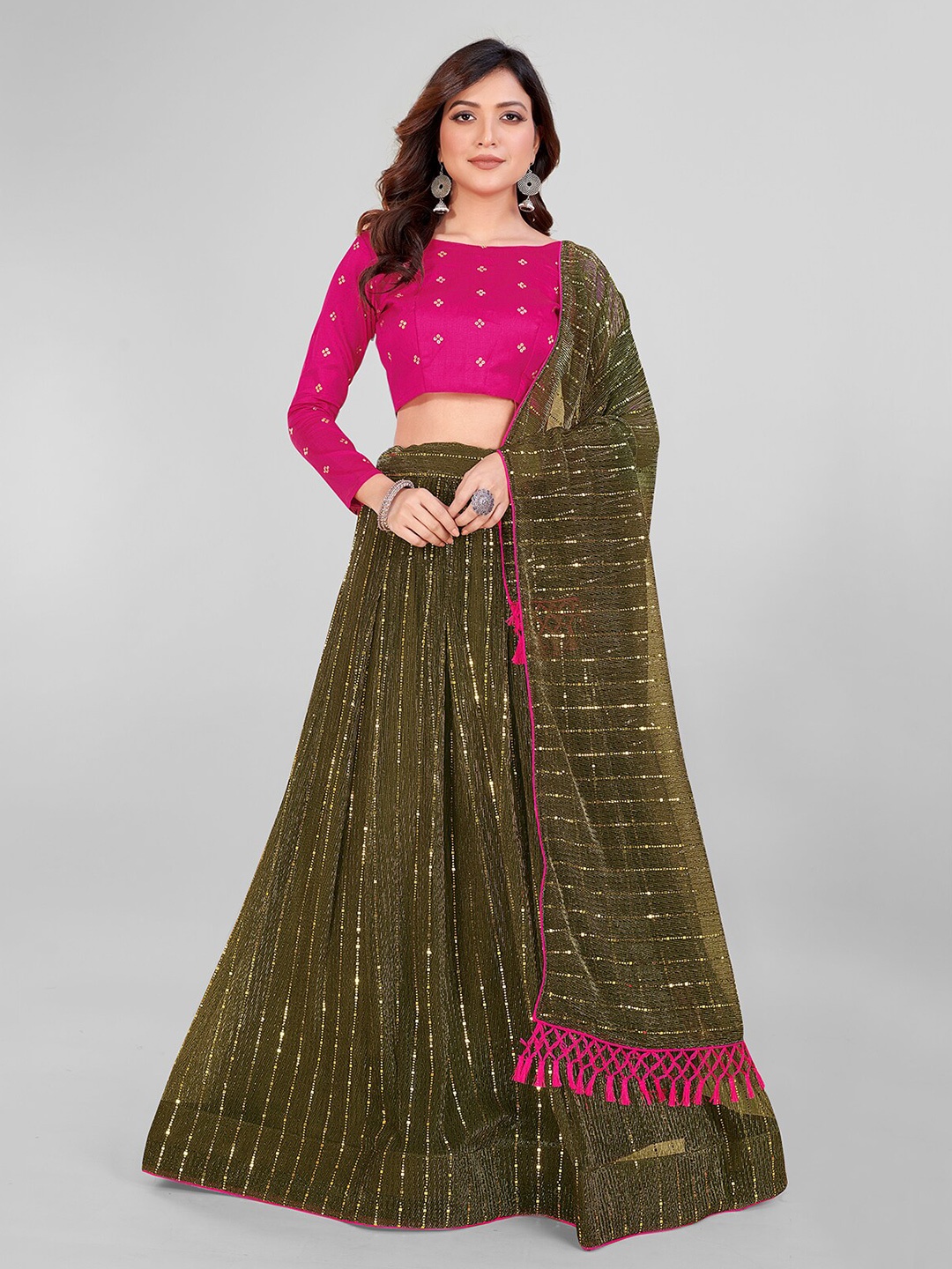 

Granthva Fab Embroidered Sequinned Semi-Stitched Lehenga & Unstitched Blouse With Dupatta, Olive