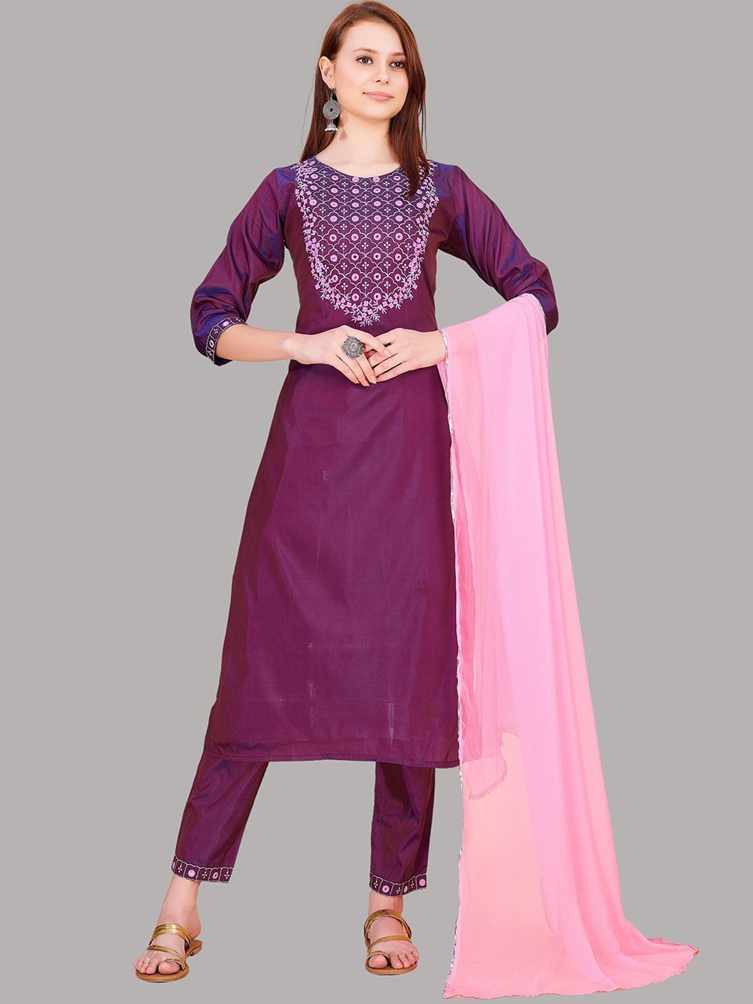 

Fashion FRICKS Yoke Design Thread Work Kurta with Trousers & Dupatta, Purple