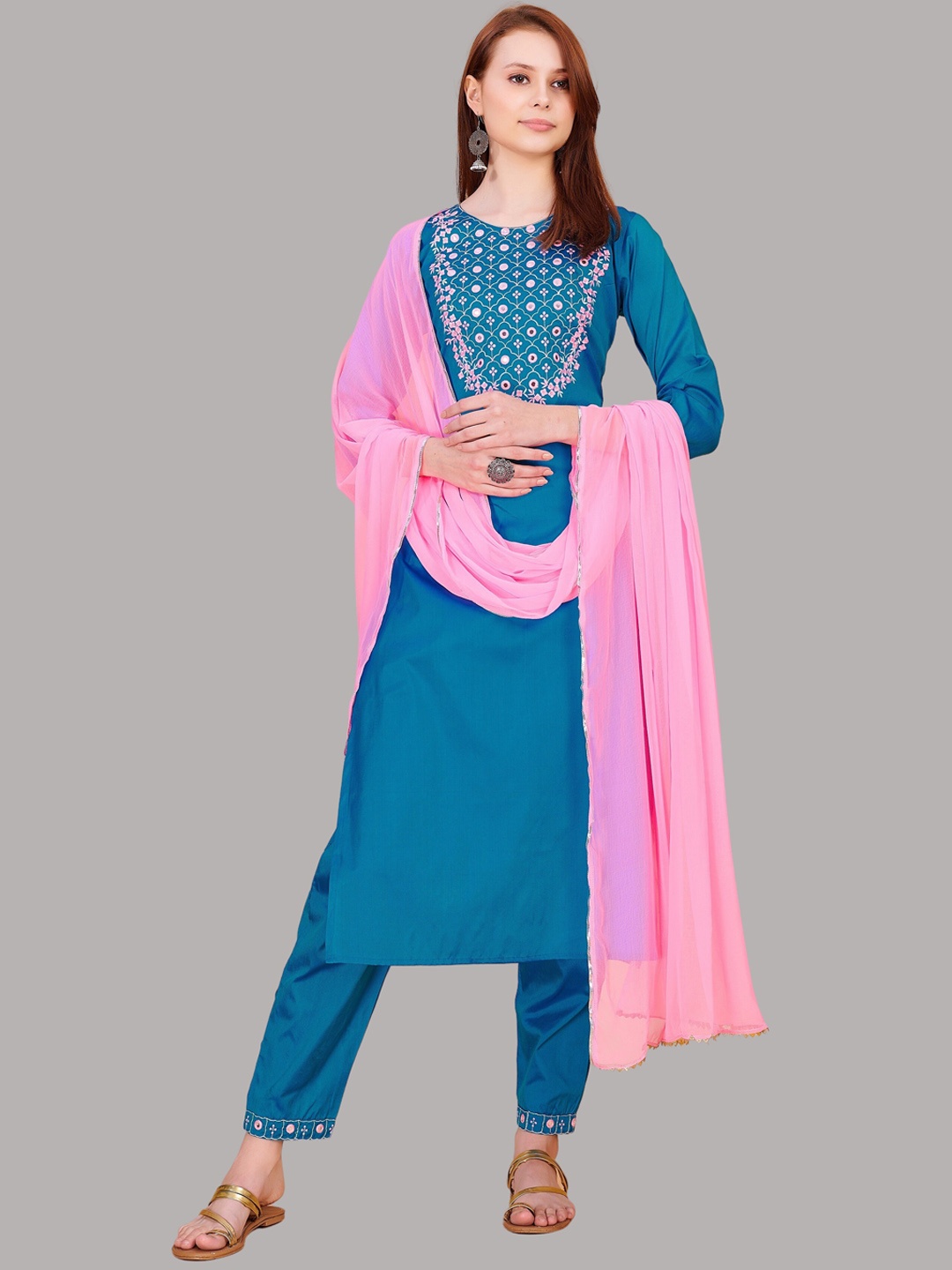 

Fashion FRICKS Embroidered Thread Work Kurta with Trousers & Dupatta, Turquoise blue