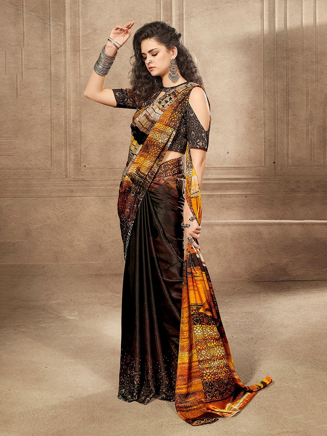 

SAPTRANGI Abstract Digital Printed Saree, Brown