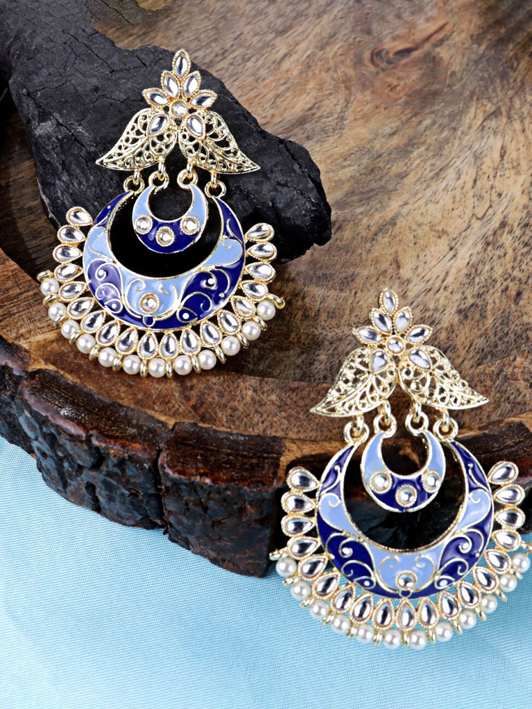 

VAGHBHATT Gold Plated Kundan Leaf Design Pearl Meenakari Chandbalis Earrings, Blue