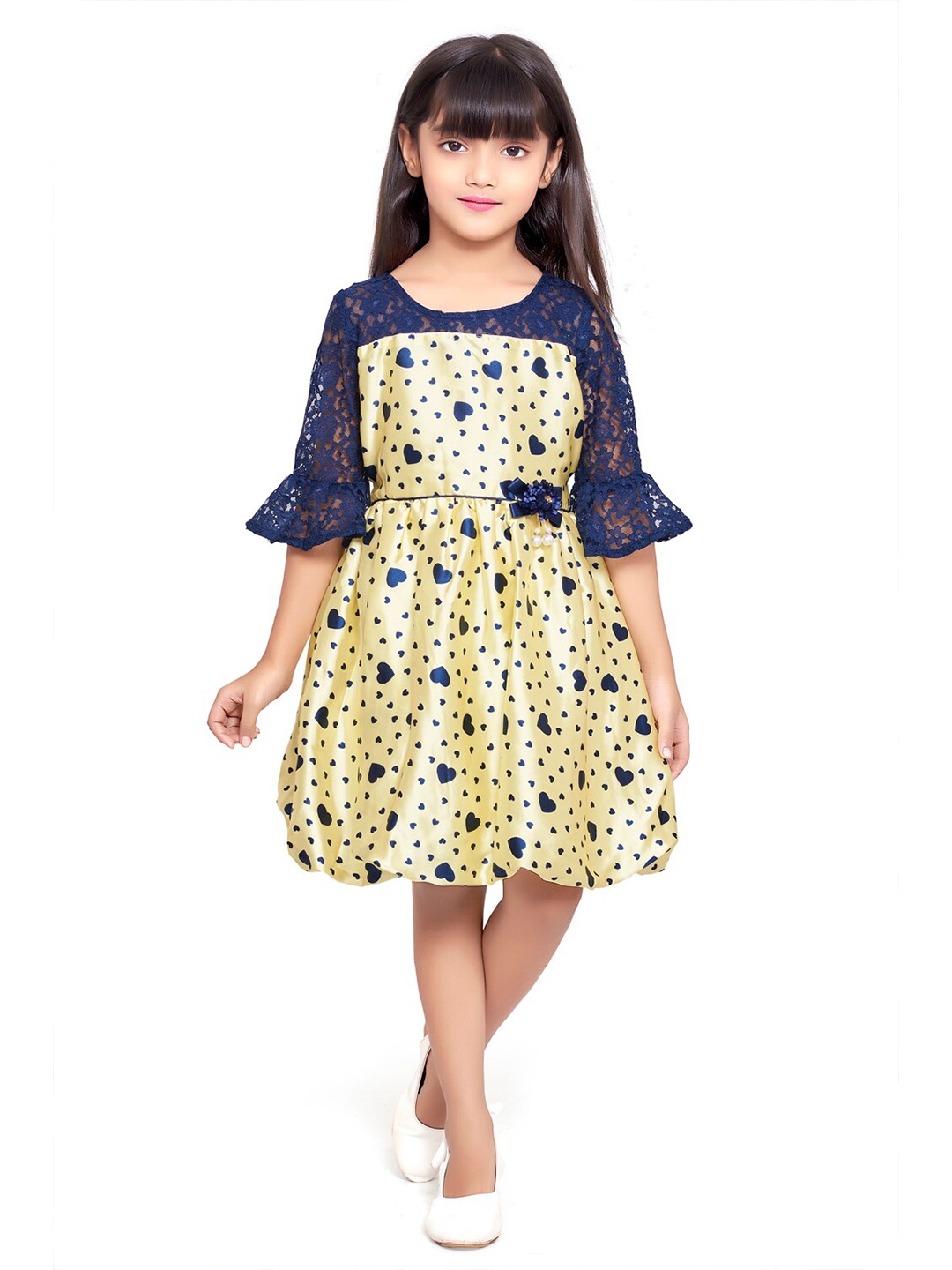 

Doodle Girls Conversational Printed Bell Sleeves Fit & Flare Satin Dress, Cream